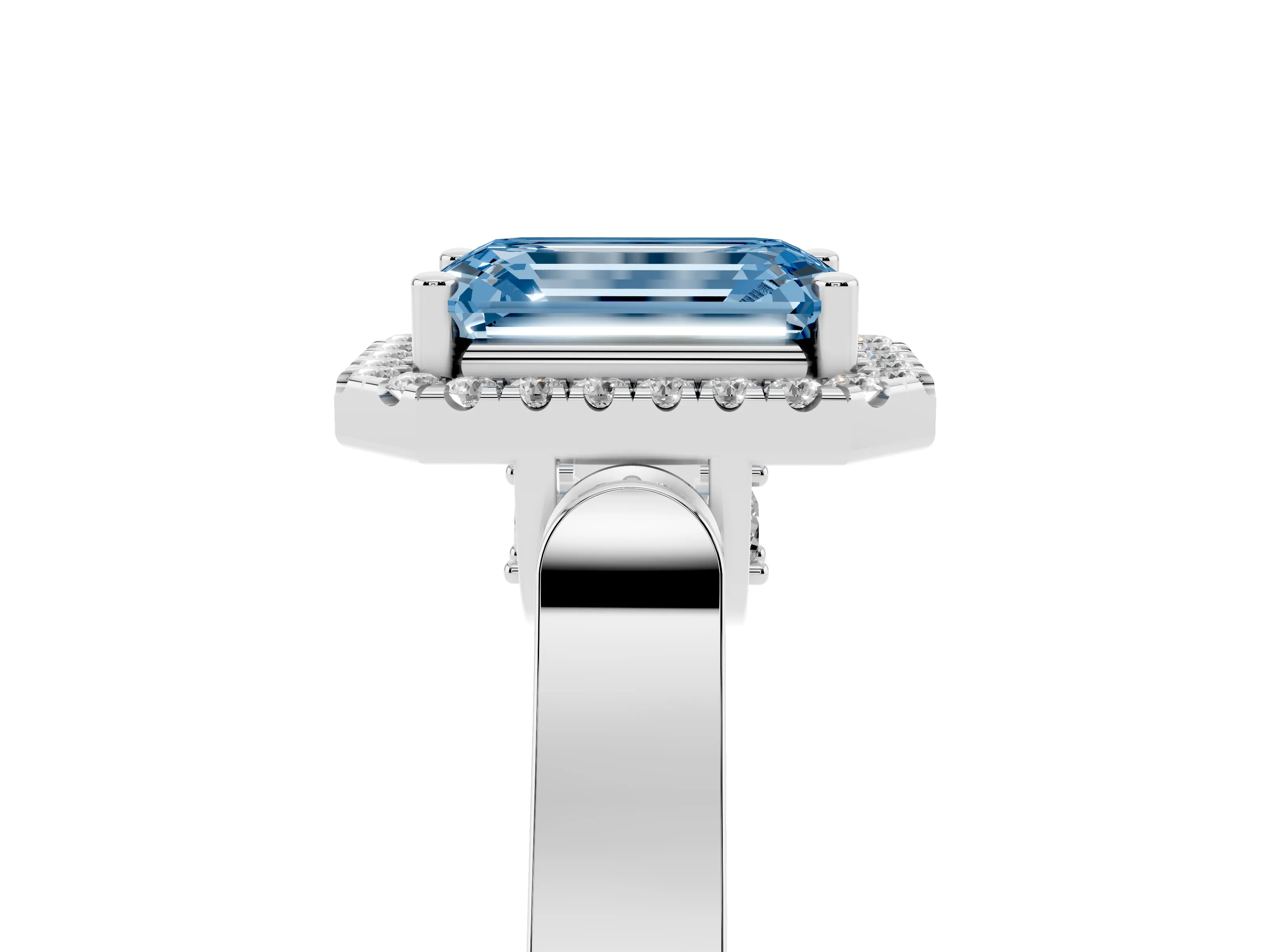 Fancy Blue Emerald Cut Diamond Halo Ring Set in Platinum with Pavé-Lined Split Shank Band
