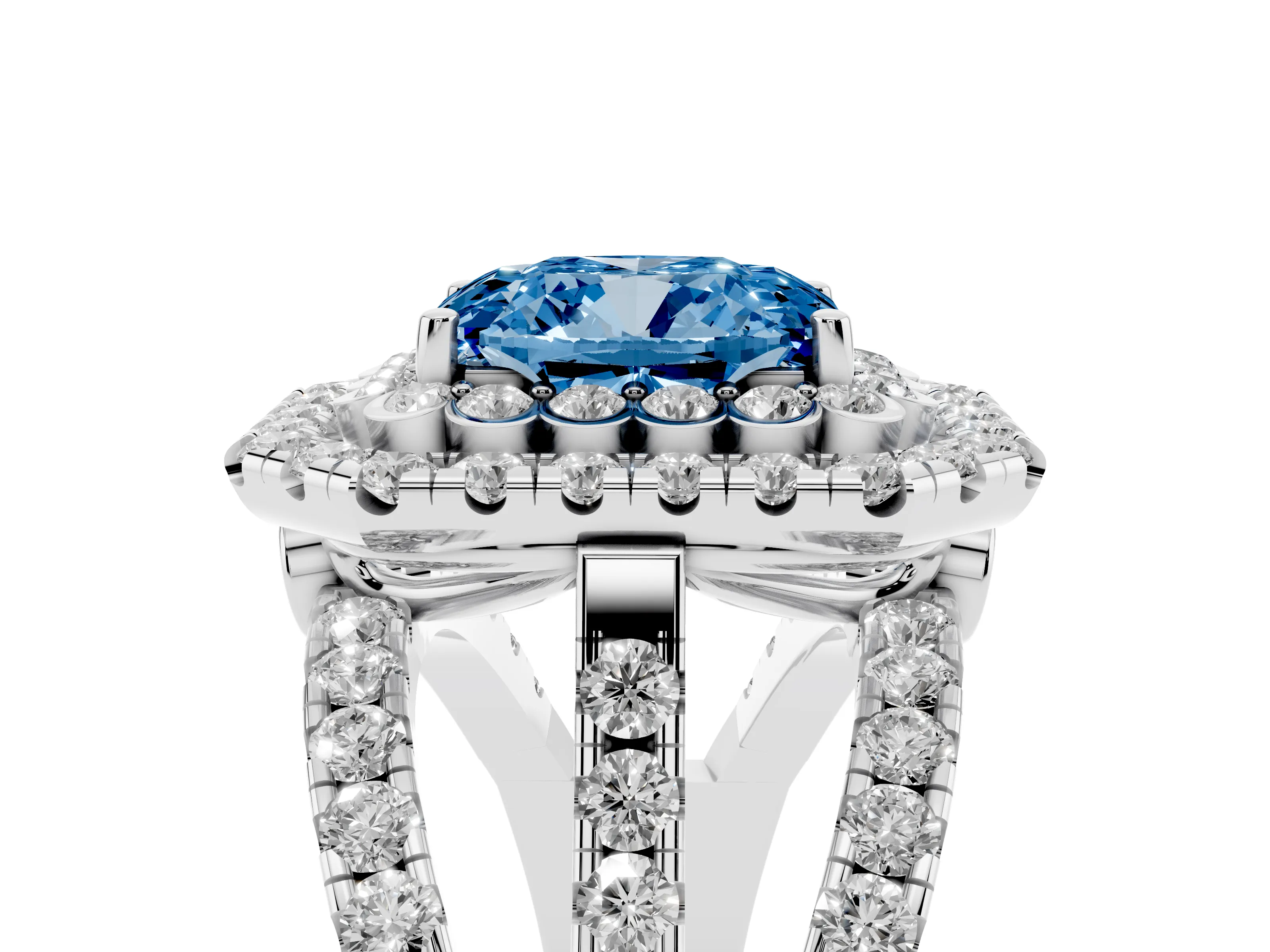 Fancy Blue Emerald Cut Diamond Double Halo Ring Set in Silver with Round Pavé Split Shank