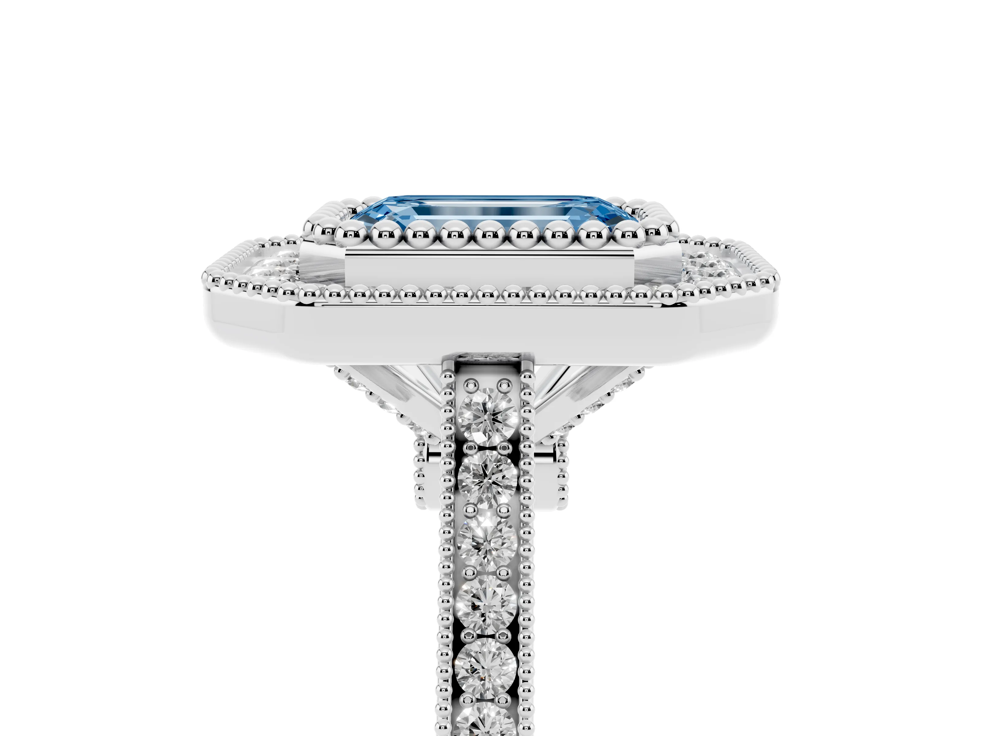 Fancy Blue Emerald Cut Diamond Halo Ring Set in White gold with Milgrain Frame and Pavé Band