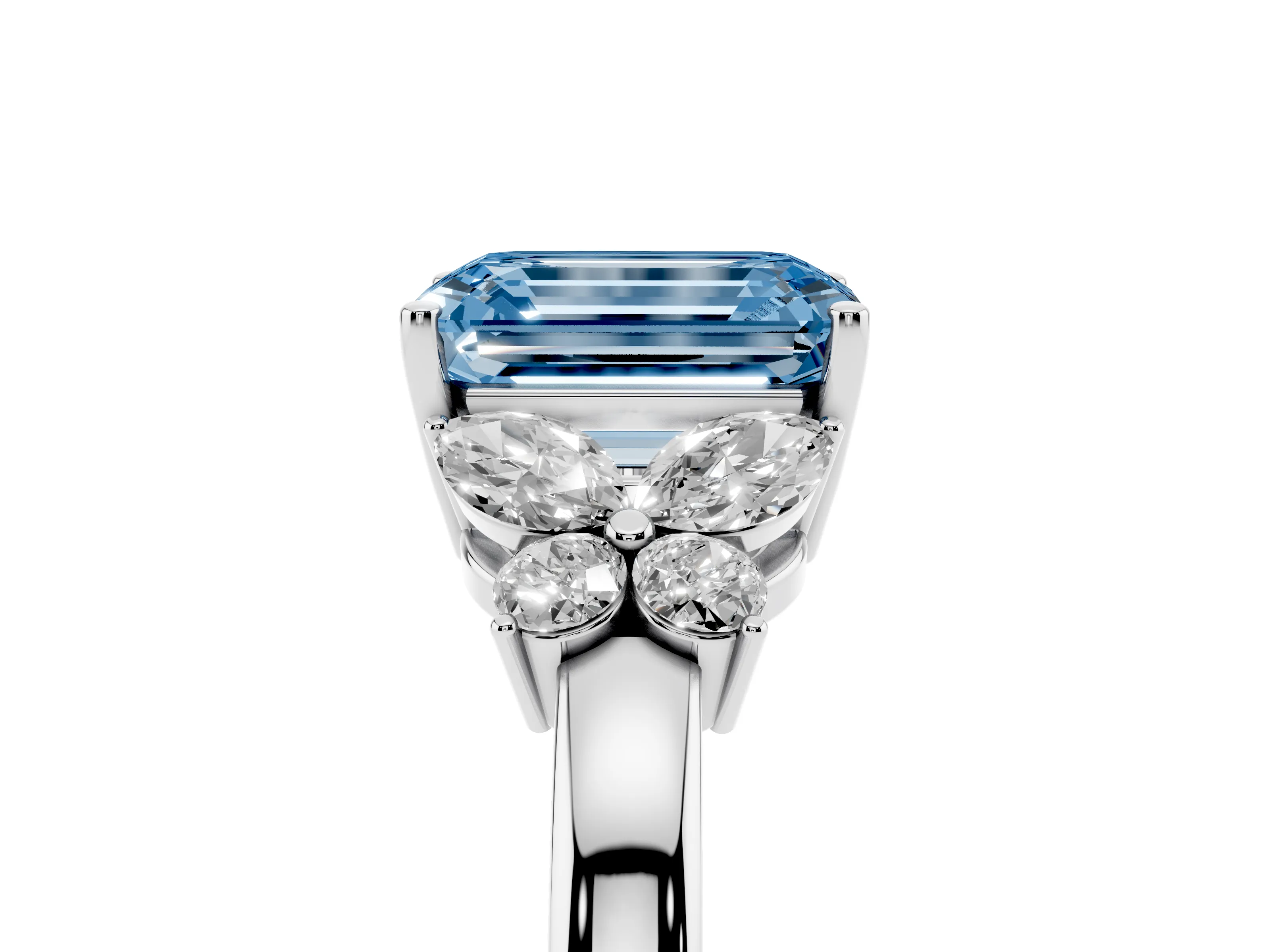 Fancy Blue Emerald Cut Diamond Solitaire Floral Ring Set in Silver with Marquise Petals and Prong Setting