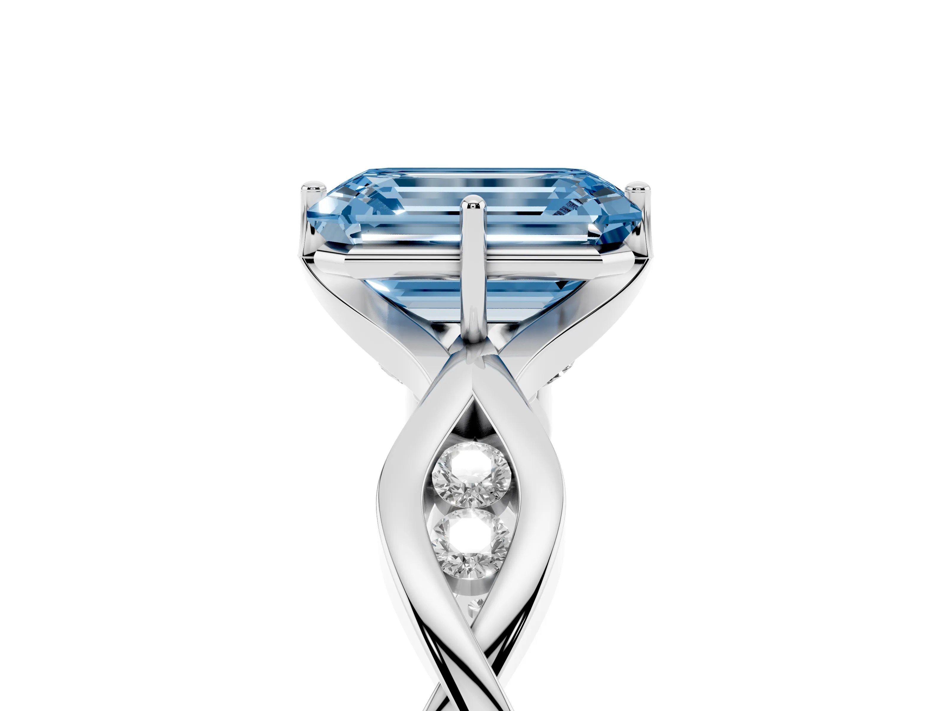 Fancy Blue Emerald Cut Diamond Twist Band Solitaire Ring Set in Silver with Leaf Prong Setting and Accent Stones