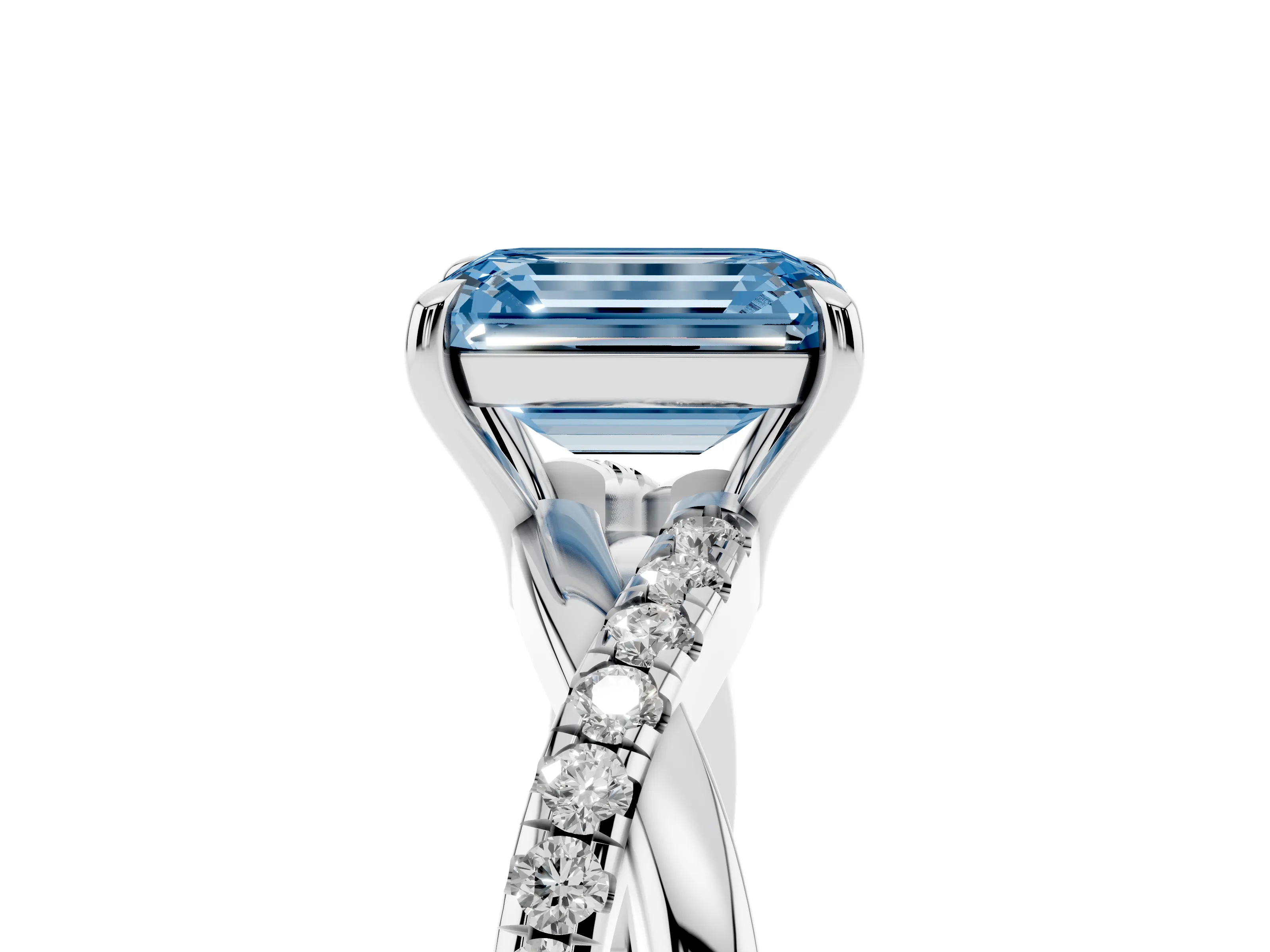 Fancy Blue Emerald Cut Diamond Twisted Pavé Band Ring Set in Silver with Prong Setting