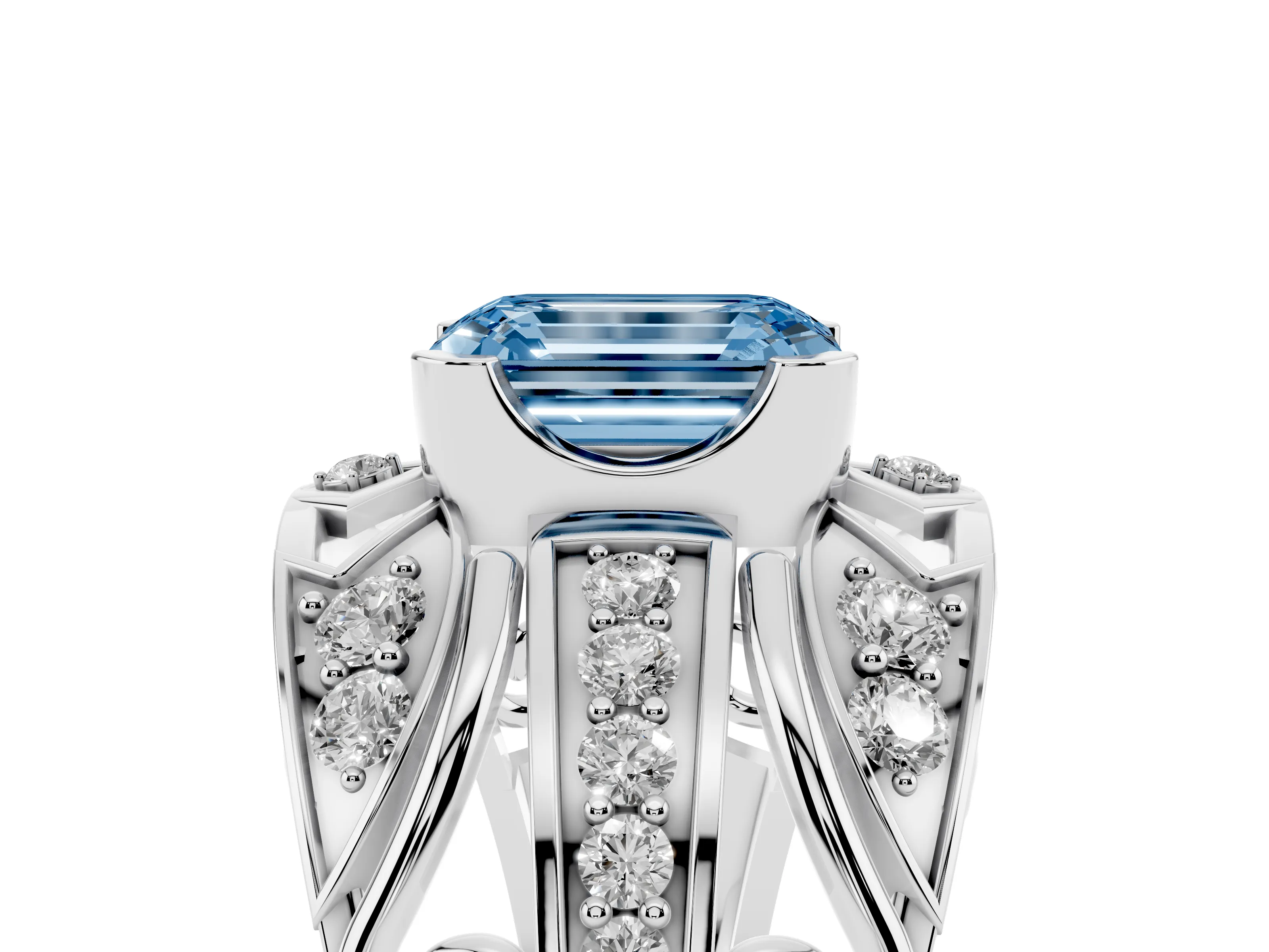 Fancy Blue Emerald Cut Diamond Art Deco Ring Set in Silver with Pavé Split Shank