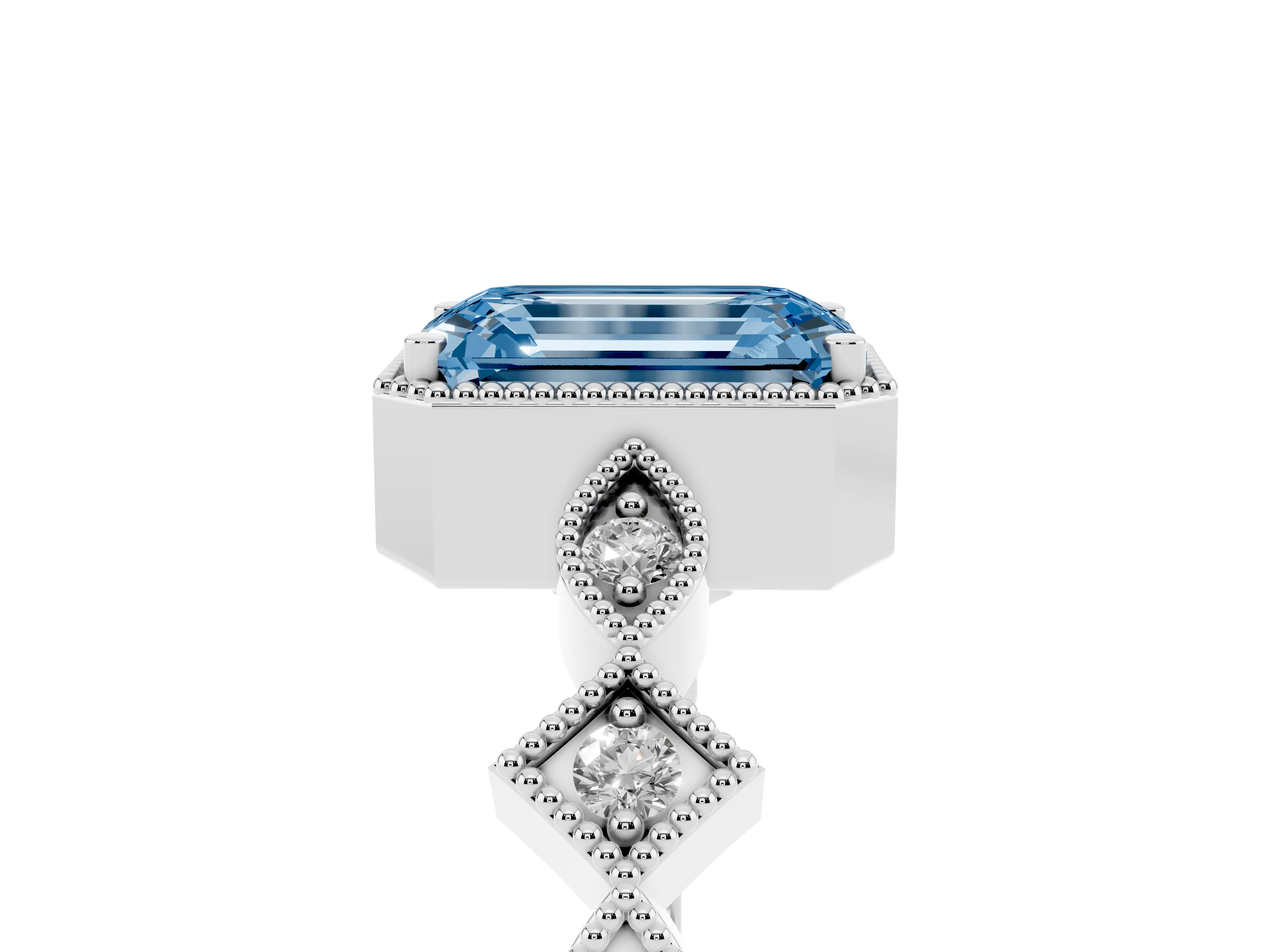 Fancy Blue Emerald Cut Diamond Milgrain Marquise Twist Band Ring Set in White gold with Prong Setting
