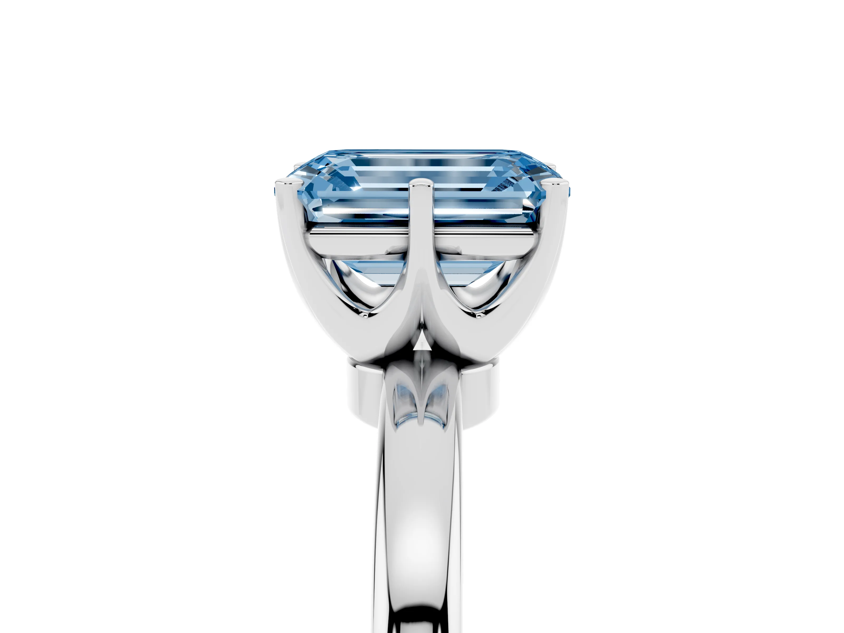 Fancy Blue Emerald Cut Diamond Solitaire Ring Set in Silver with Raised Prong Setting on a Classic Band