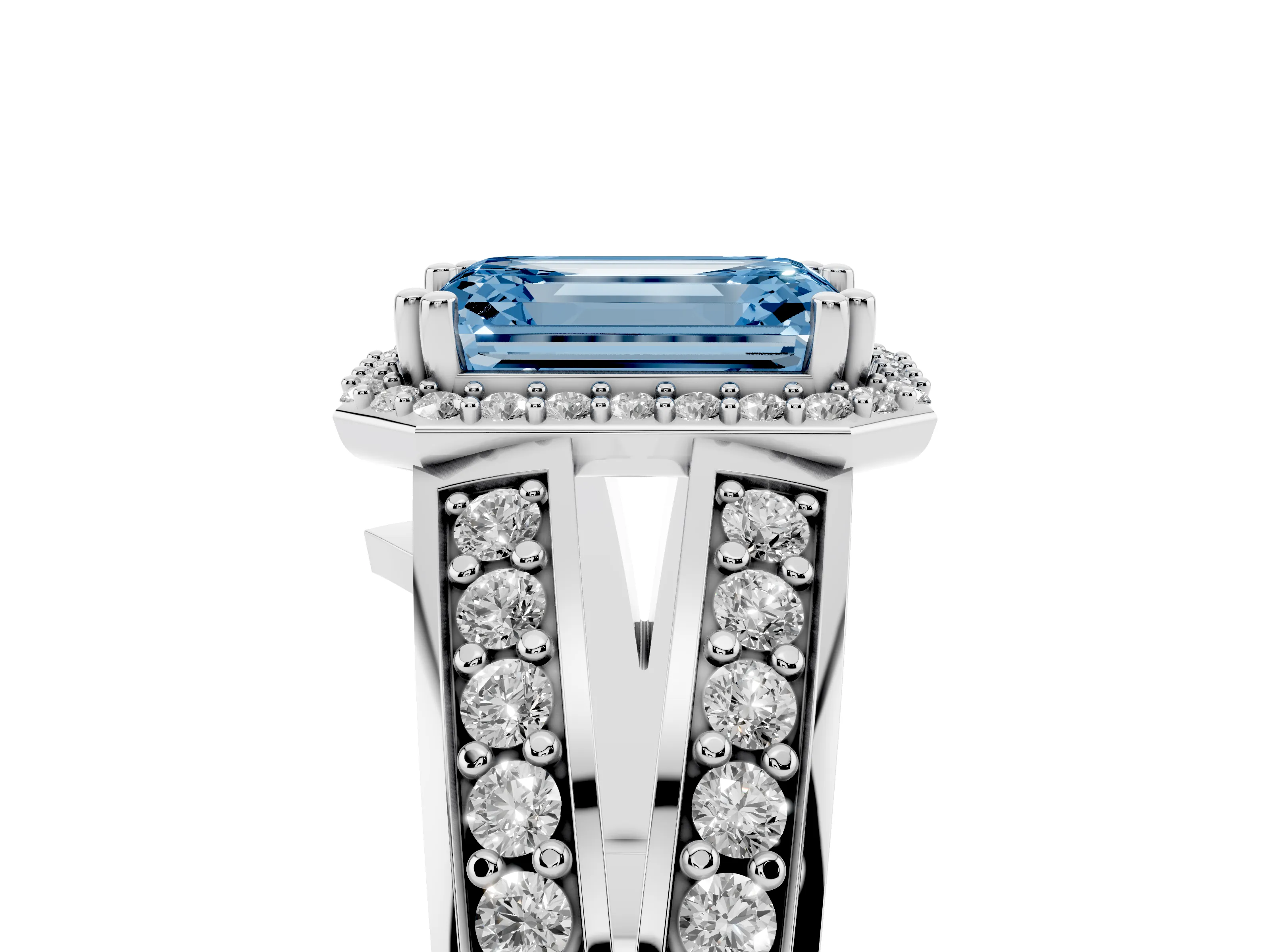 Fancy Blue Emerald Cut Diamond Halo Ring Set in White gold with Double Pavé Split Shank