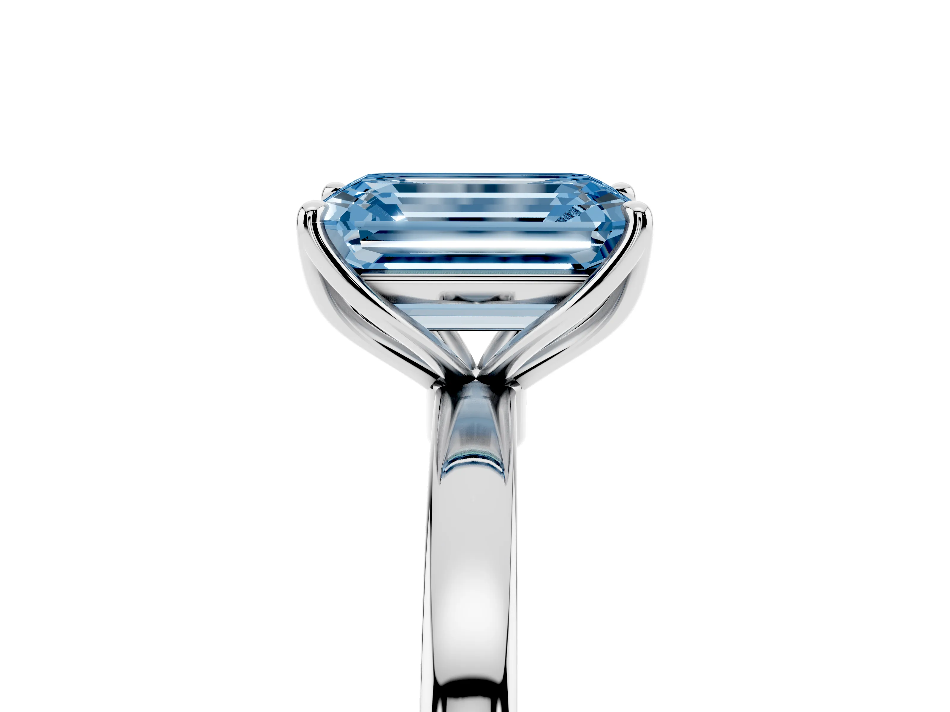 Fancy Blue Emerald Cut Diamond Solitaire Ring Set in White gold with Prong Setting and Thin Polished Band