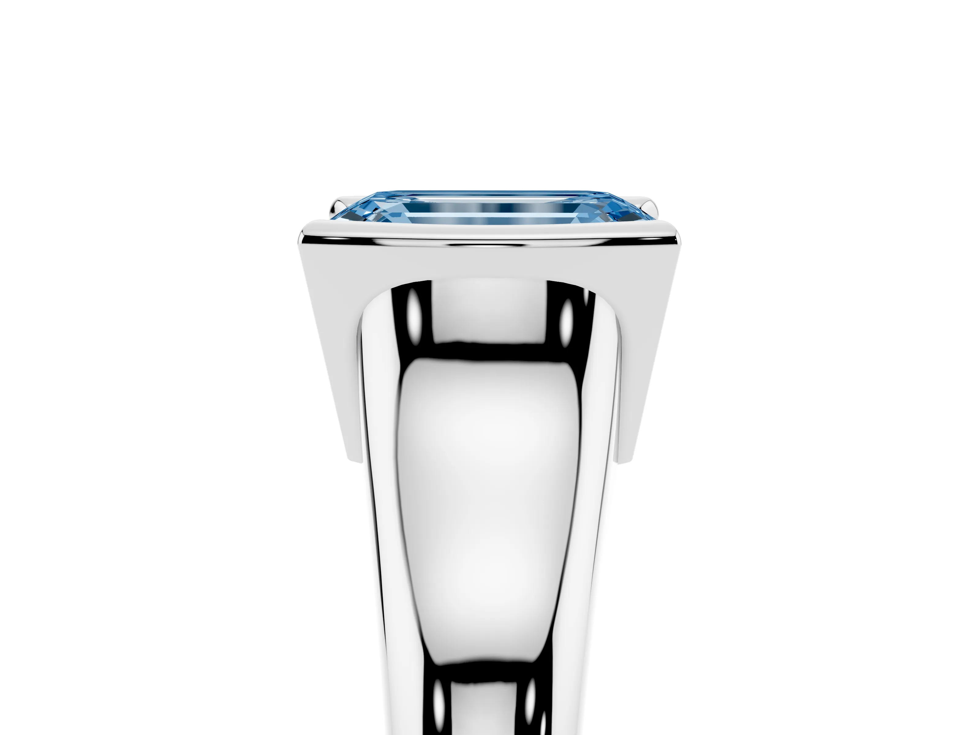 Fancy Blue Emerald Cut Diamond Solitaire Tension Set Ring Set in White gold with Split Shank Band