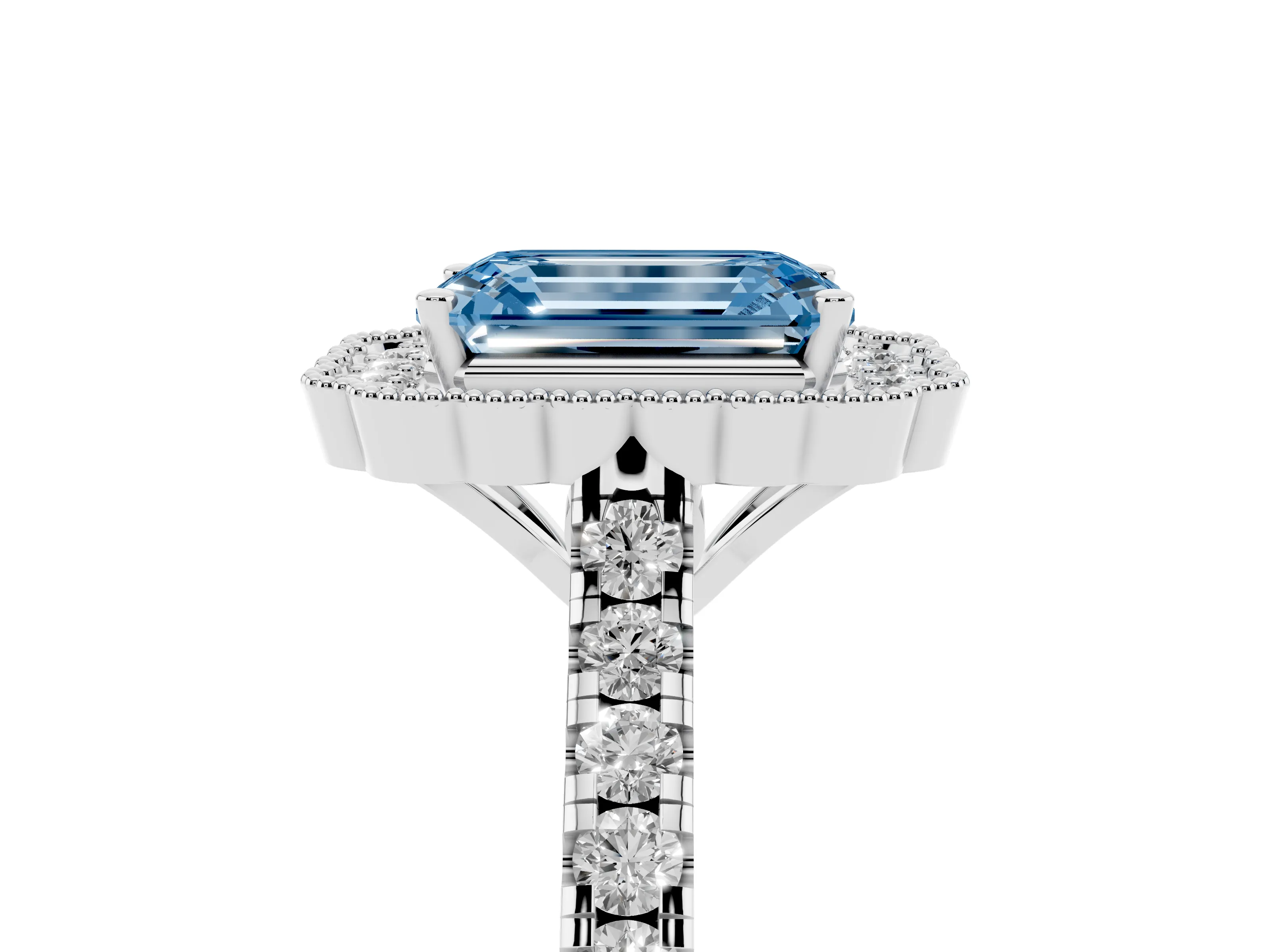 Fancy Blue Emerald Cut Diamond Milgrain Floral Halo Engagement Ring Set in White gold with Pavé Band