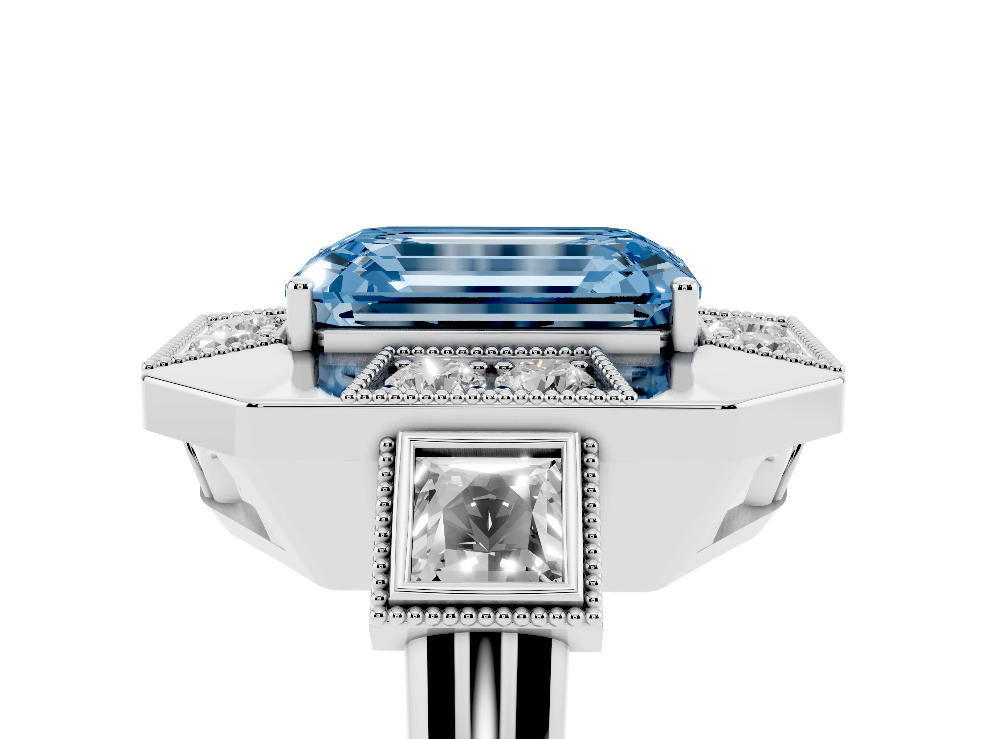 Fancy Blue Emerald Cut Diamond Milgrain Halo Ring Set in Platinum with Split Shank