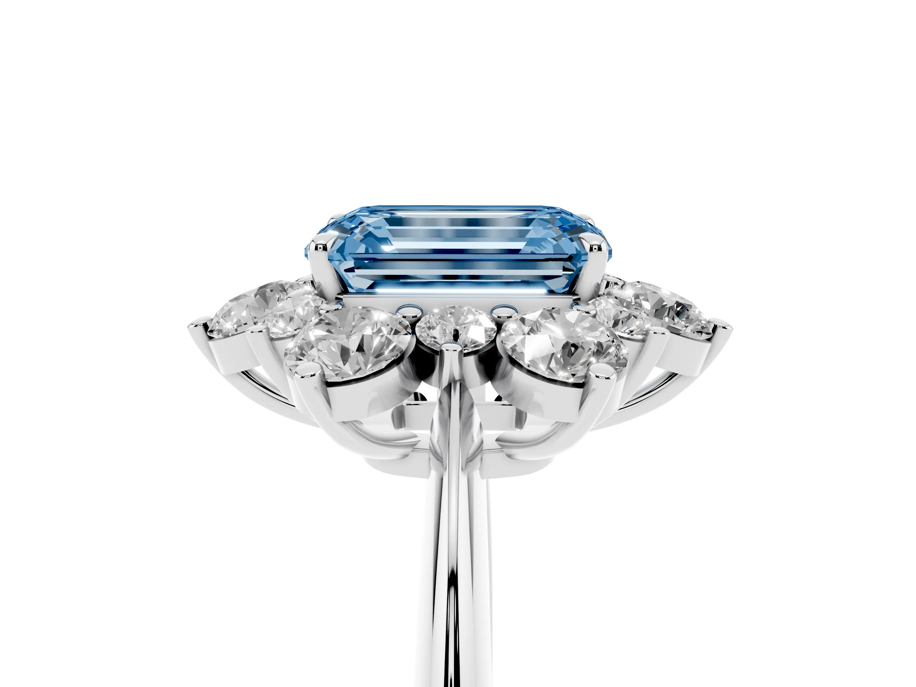 Fancy Blue Emerald Cut Diamond Cluster Halo Ring Set in Silver with Solitaire Band and Prong Setting