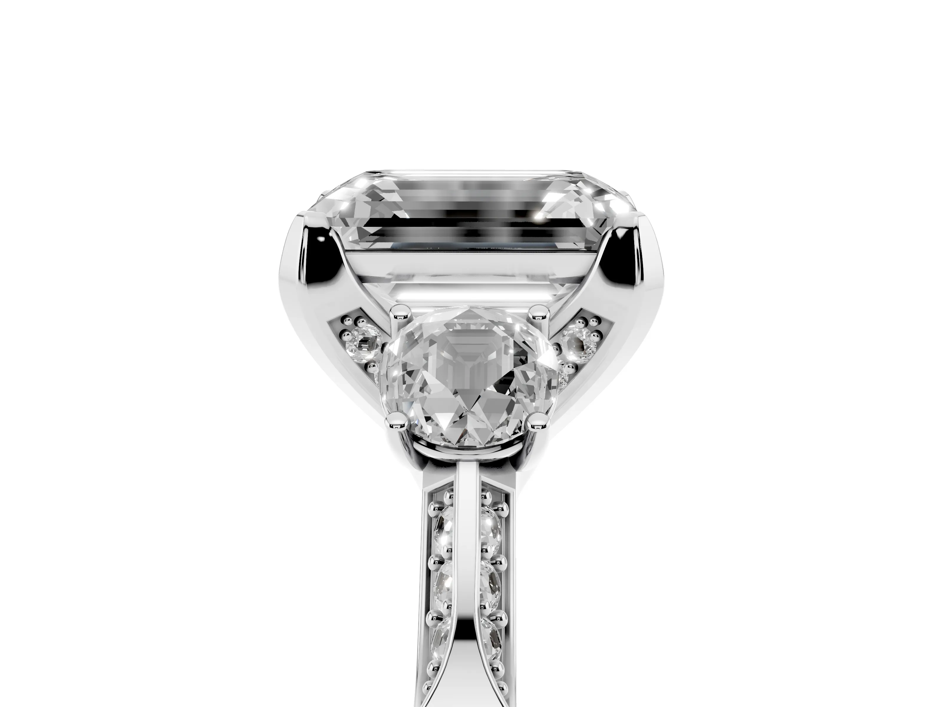 Fancy Blue Emerald Cut Diamond Three-Stone Ring Set in White gold with Pavé Band and Smaller Side Stones