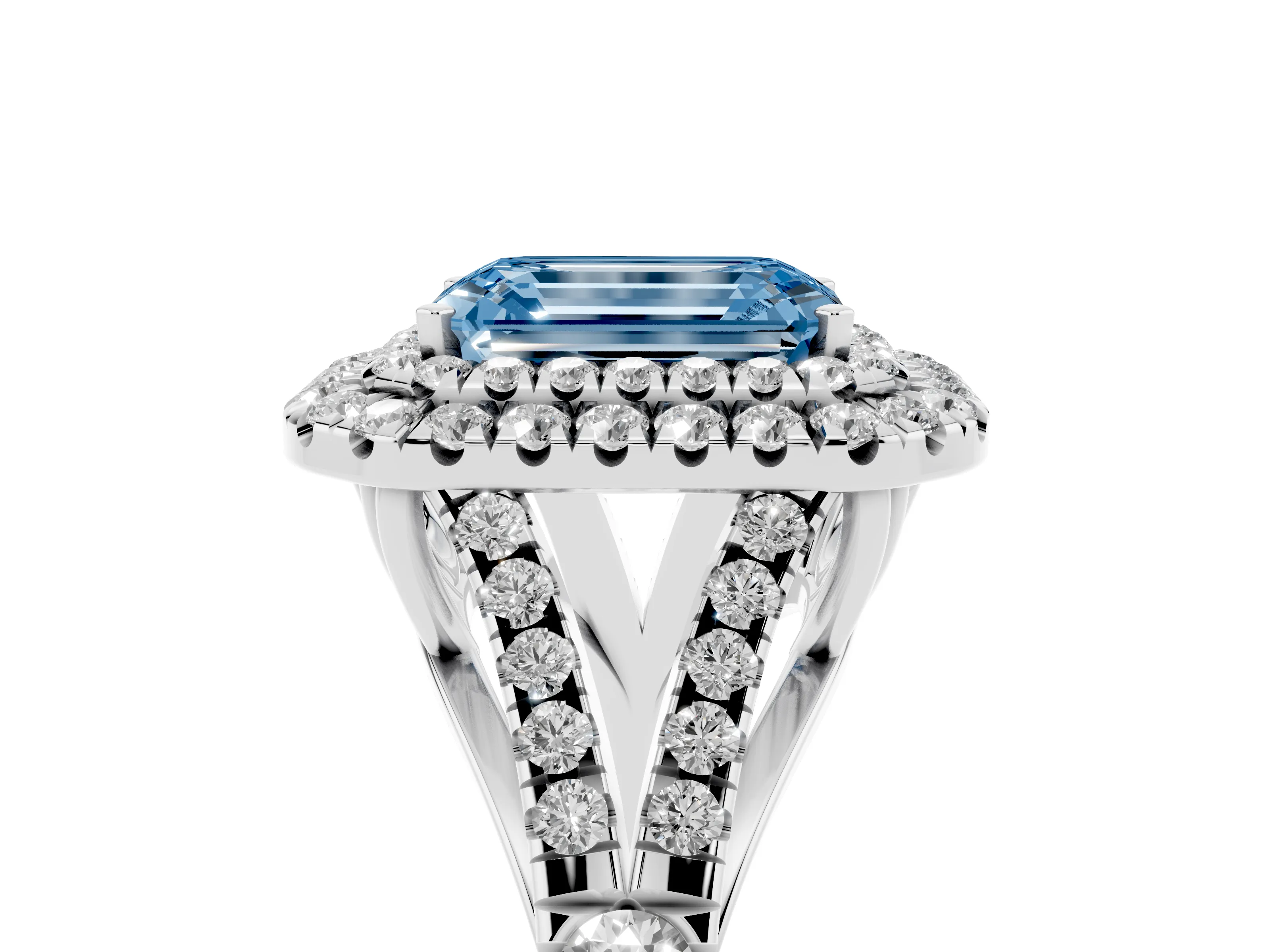 Fancy Blue Emerald Cut Diamond Pavé Split Shank Double Halo Engagement Ring Set in Platinum