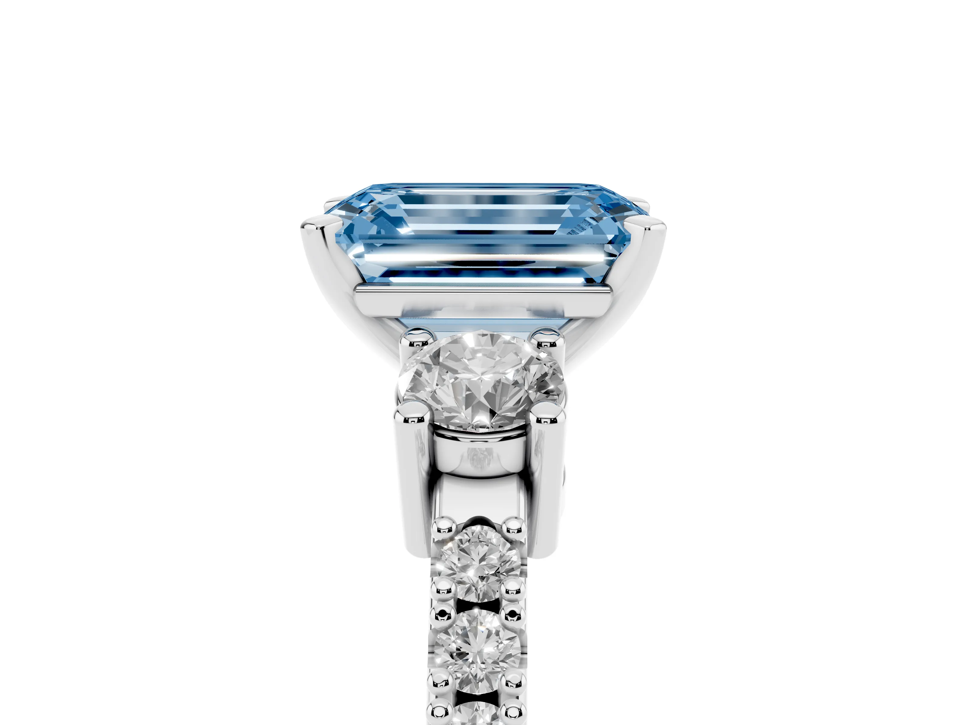 Fancy Blue Three-Stone Emerald Cut Diamond Pavé Band Ring Set in Silver with Prong Setting