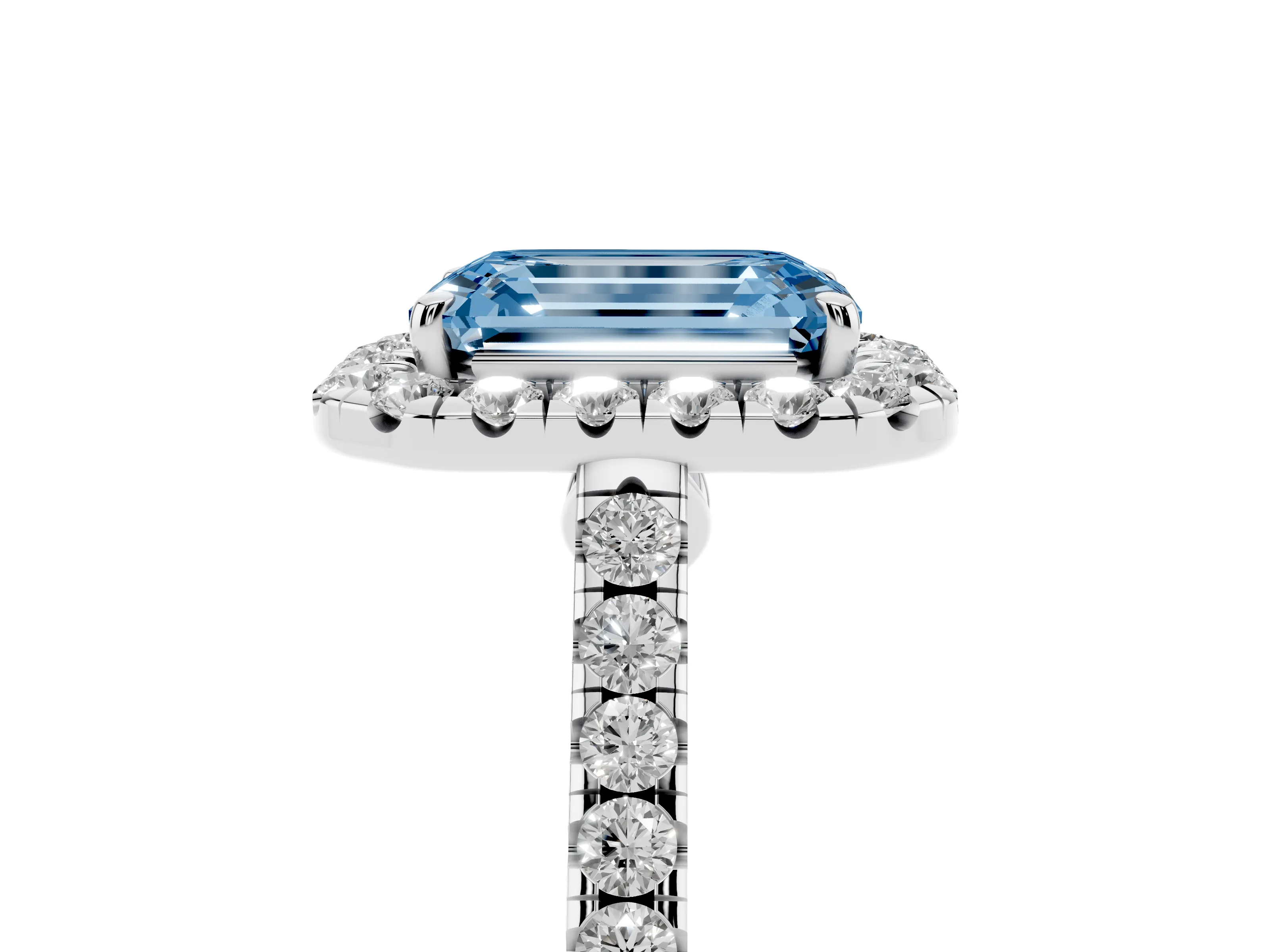 Fancy Blue Emerald Cut Diamond Halo Pavé Engagement Ring Set in Platinum with Prong Setting