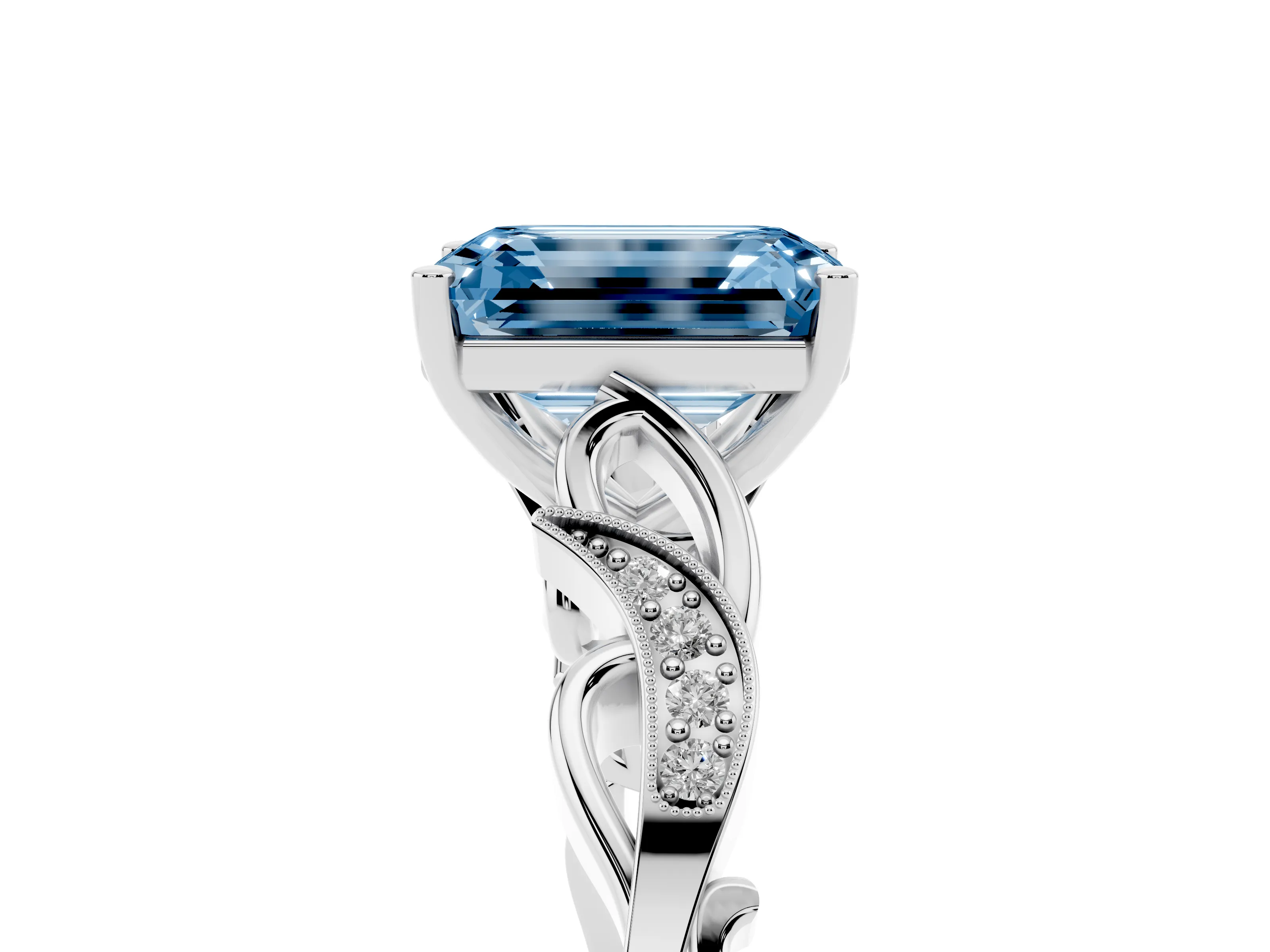 Fancy Blue Emerald Cut Diamond Vine Band Solitaire Ring Set in White gold with Milgrain Prong Setting