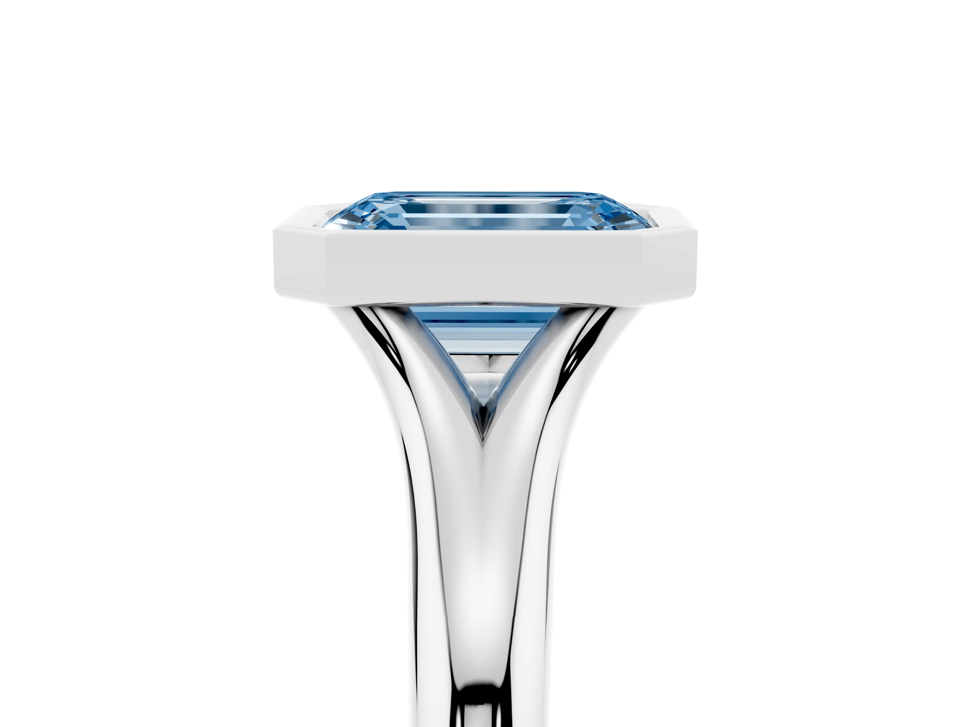 Fancy Blue Bezel Set Emerald Cut Diamond Solitaire Ring Set in White gold with Smooth Band