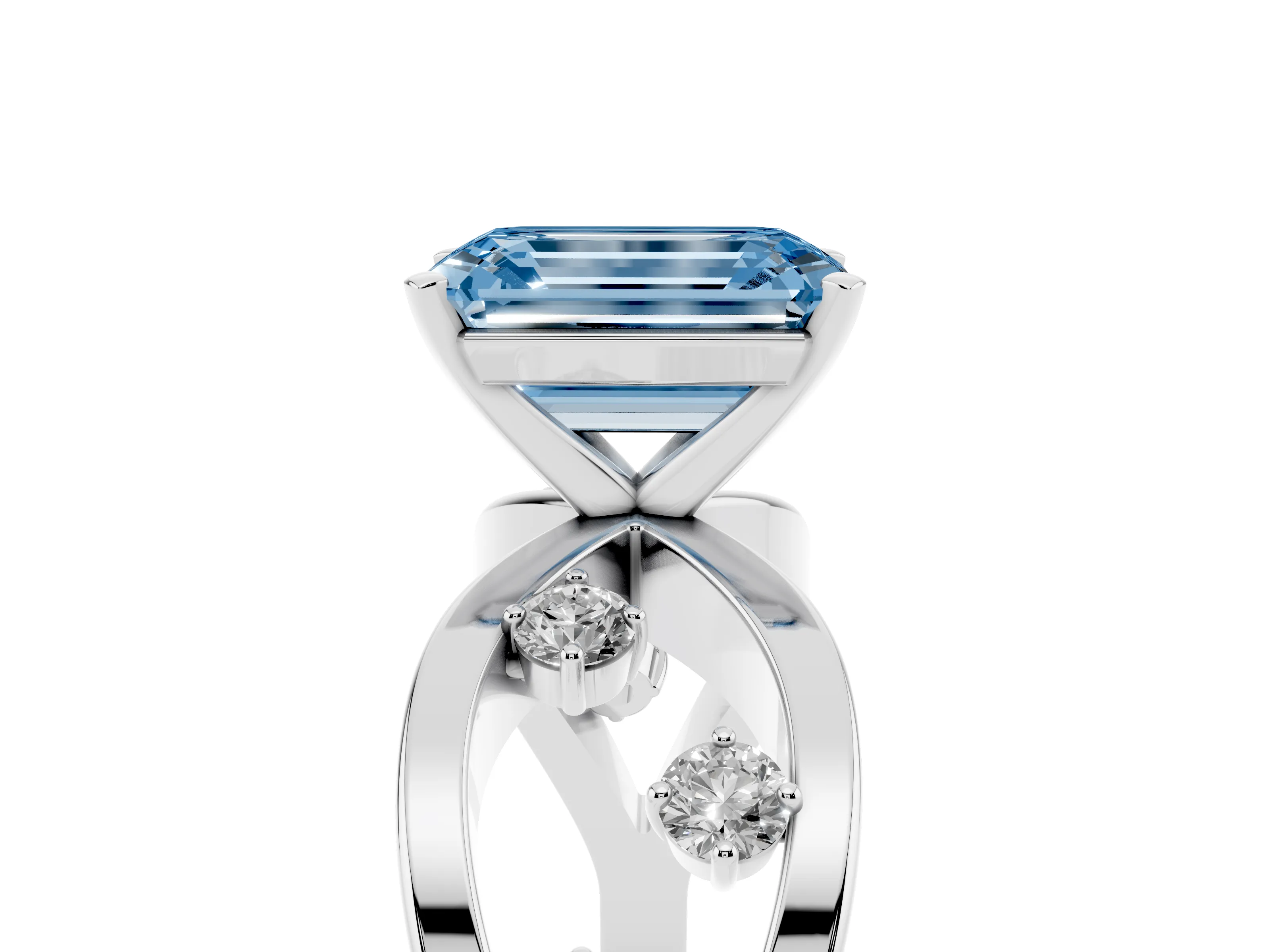 Fancy Blue Emerald Cut Diamond Solitaire Ring Set in Platinum with Side Stones on Criss-Cross Band and Prong Setting