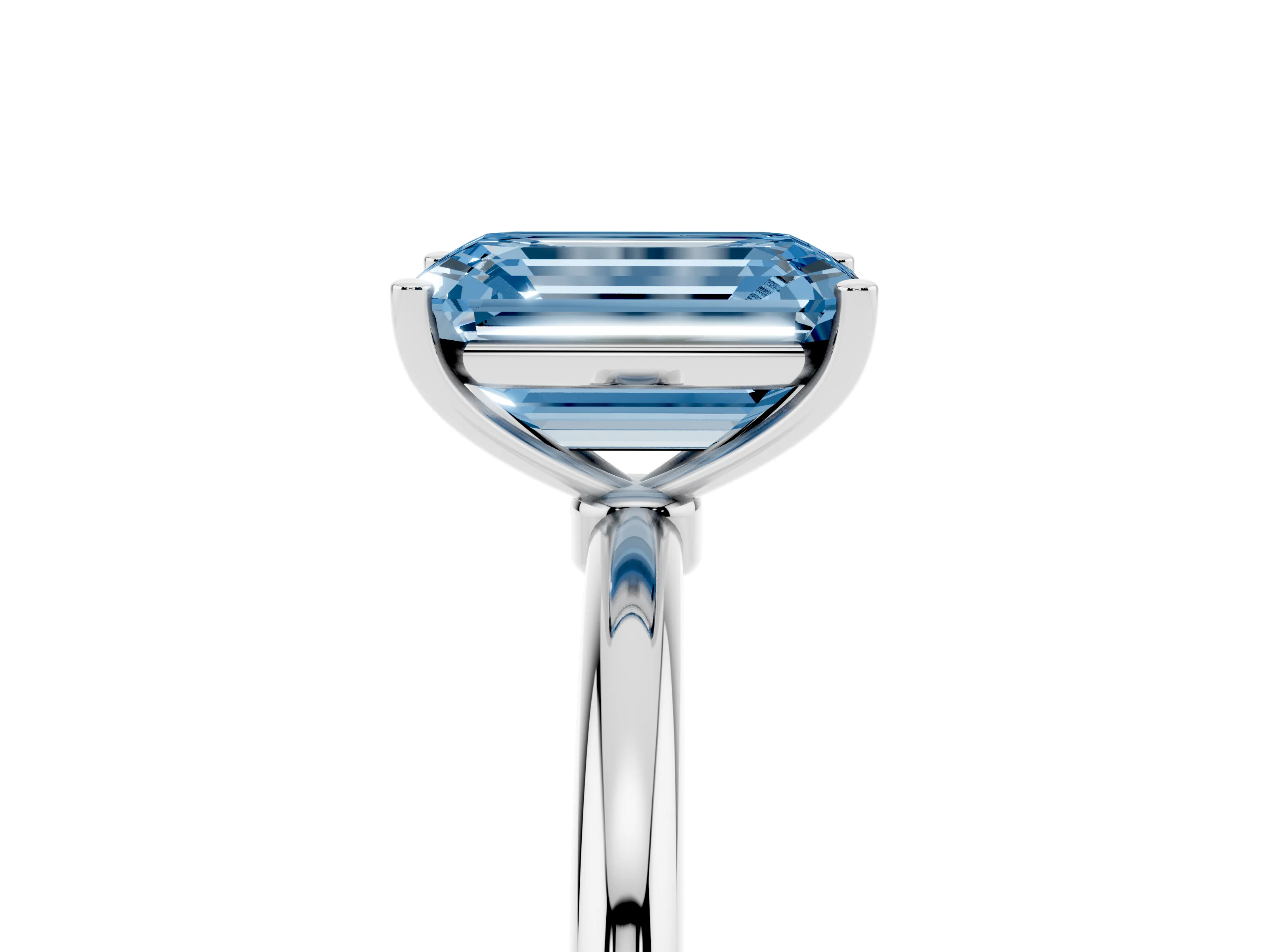 Fancy Blue Emerald Cut Diamond Solitaire Engagement Ring Set in Platinum with Thin Band and Prong Setting