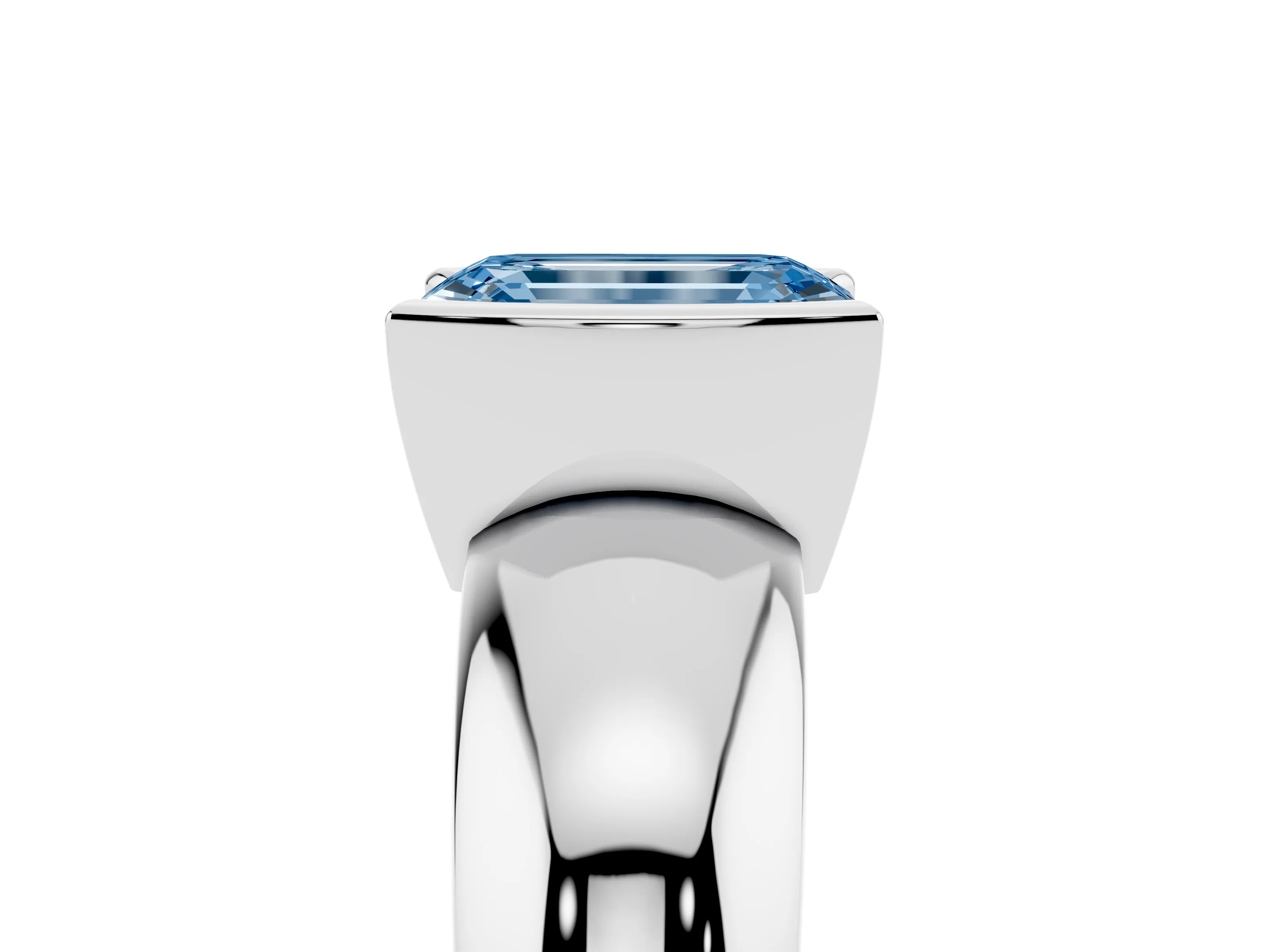 Fancy Blue Emerald Cut Diamond Solitaire Tension Set Ring Set in Platinum with Wide Band