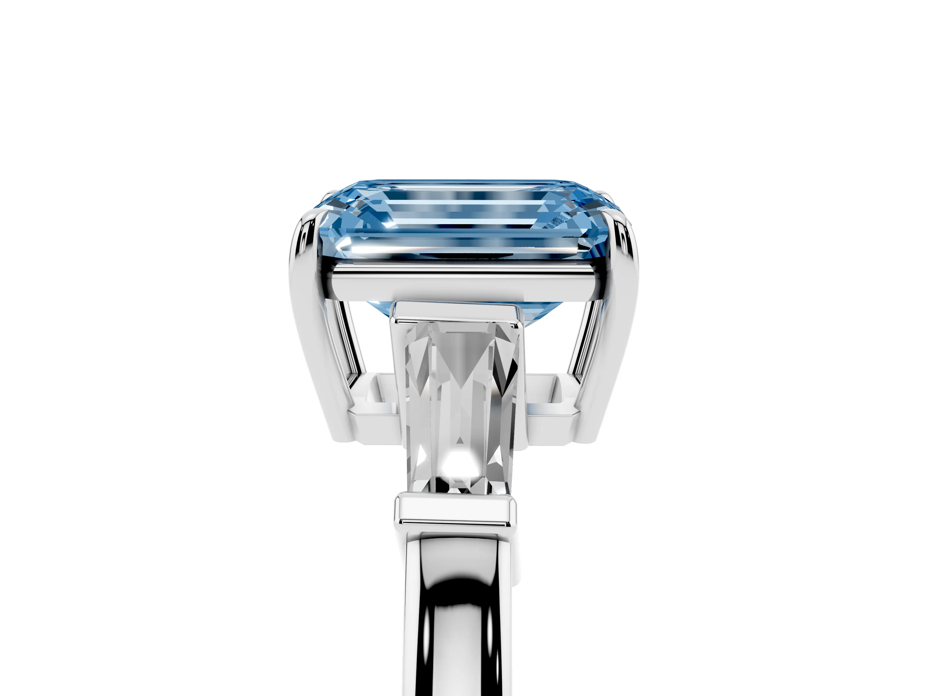Fancy Blue Emerald Cut Diamond Three-Stone Ring Set in Platinum with Tapered Baguette Side Stones and Prong Setting