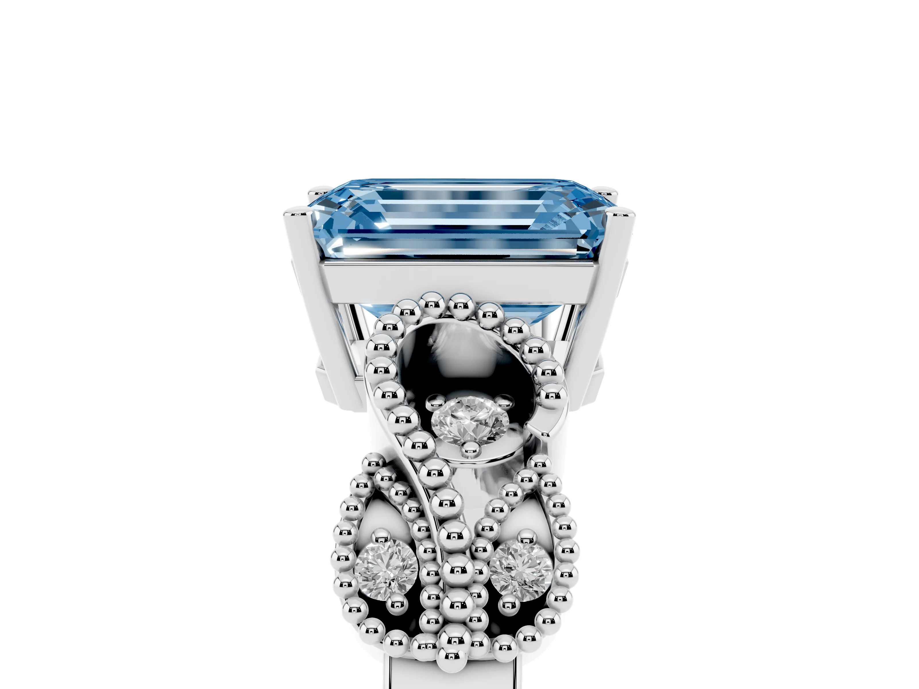 Fancy Blue Emerald Cut Diamond Milgrain Leaf Band Solitaire Ring Set in White gold with Accent Stones and Prong Setting