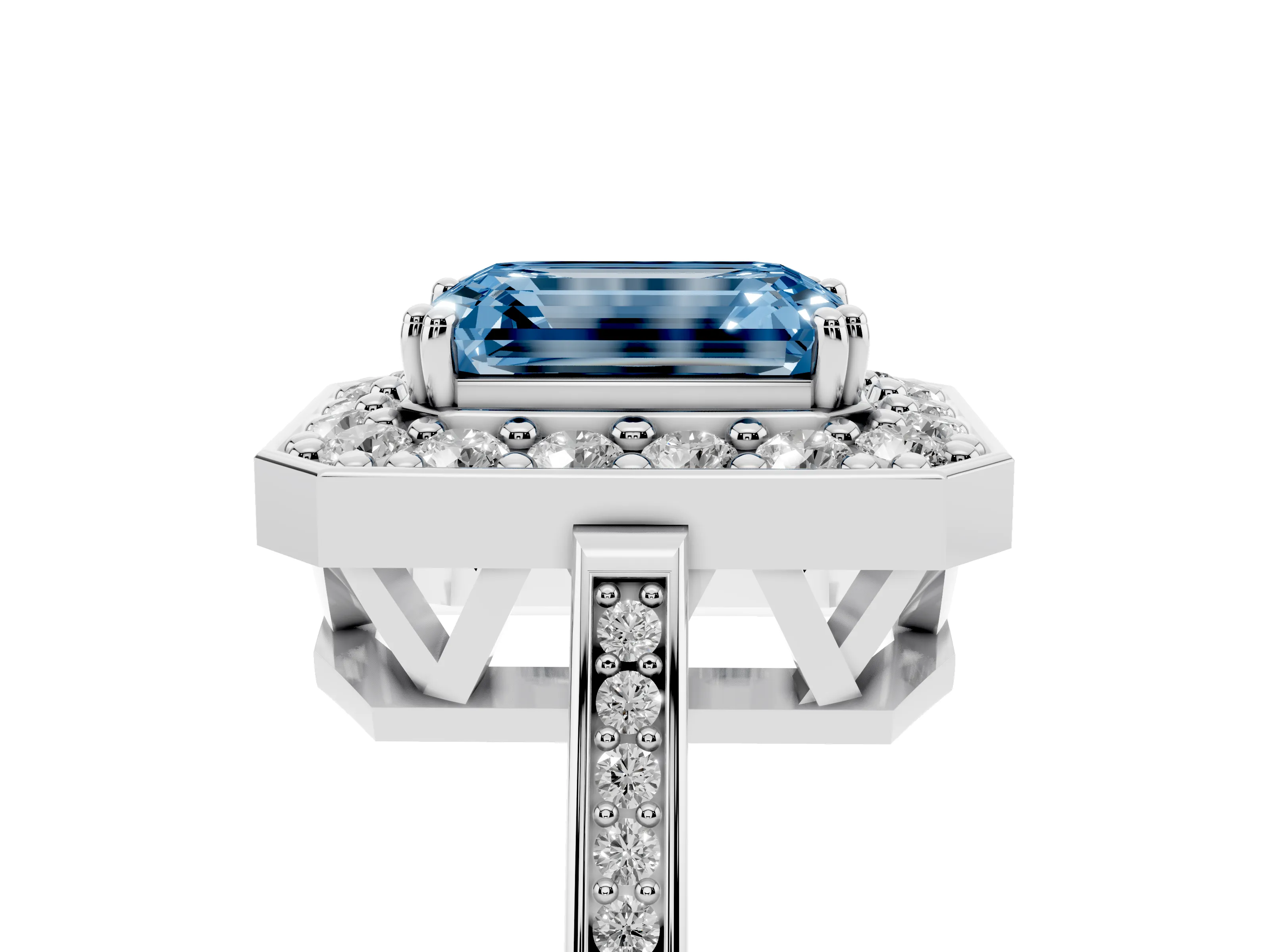 Fancy Blue Emerald Cut Diamond Halo Ring Set in Platinum with Accent-Lined Split Shank and Prong Setting