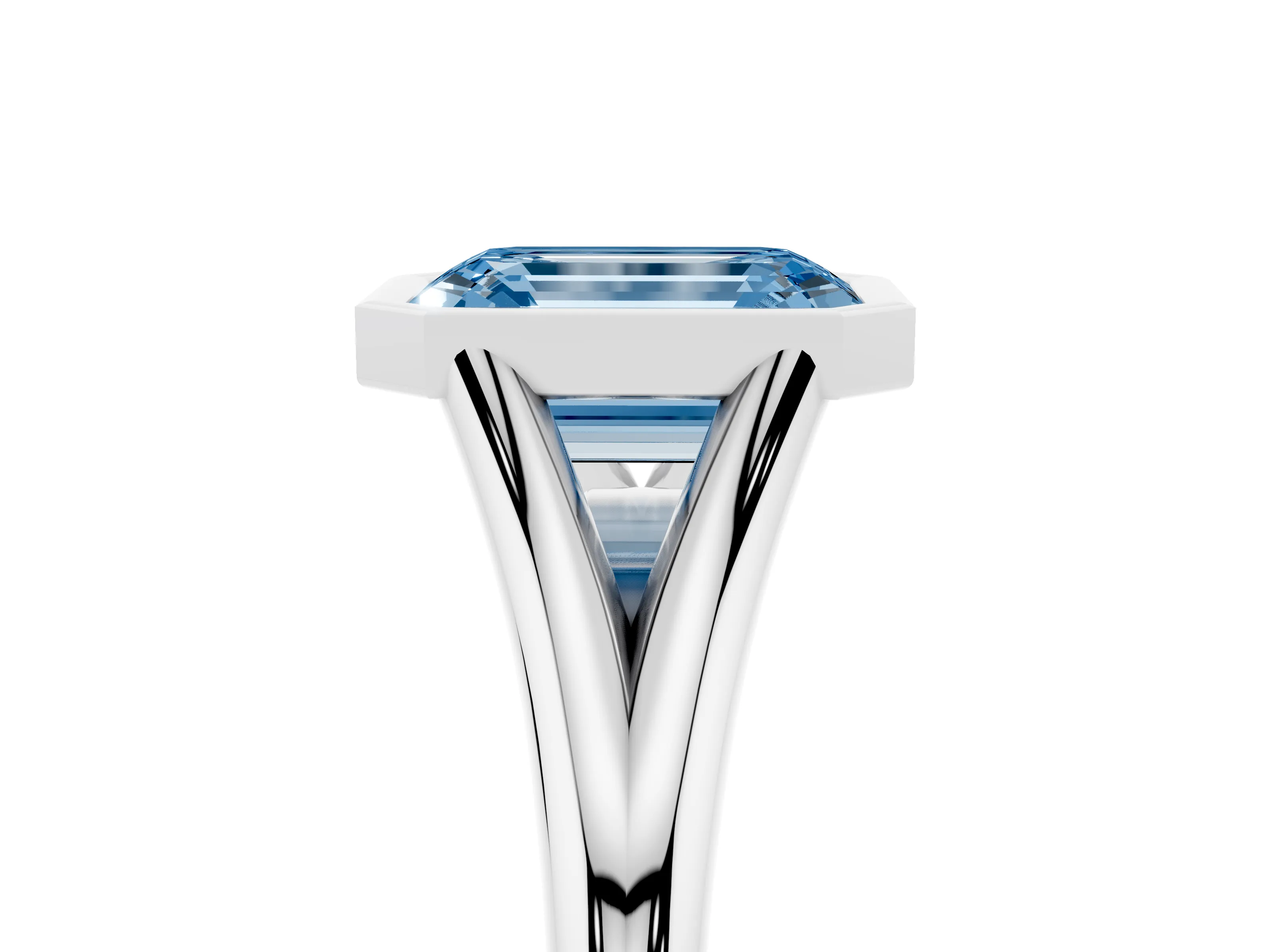 Fancy Blue Bezel Set Emerald Cut Diamond Solitaire Ring Set in Platinum with Tapered Band