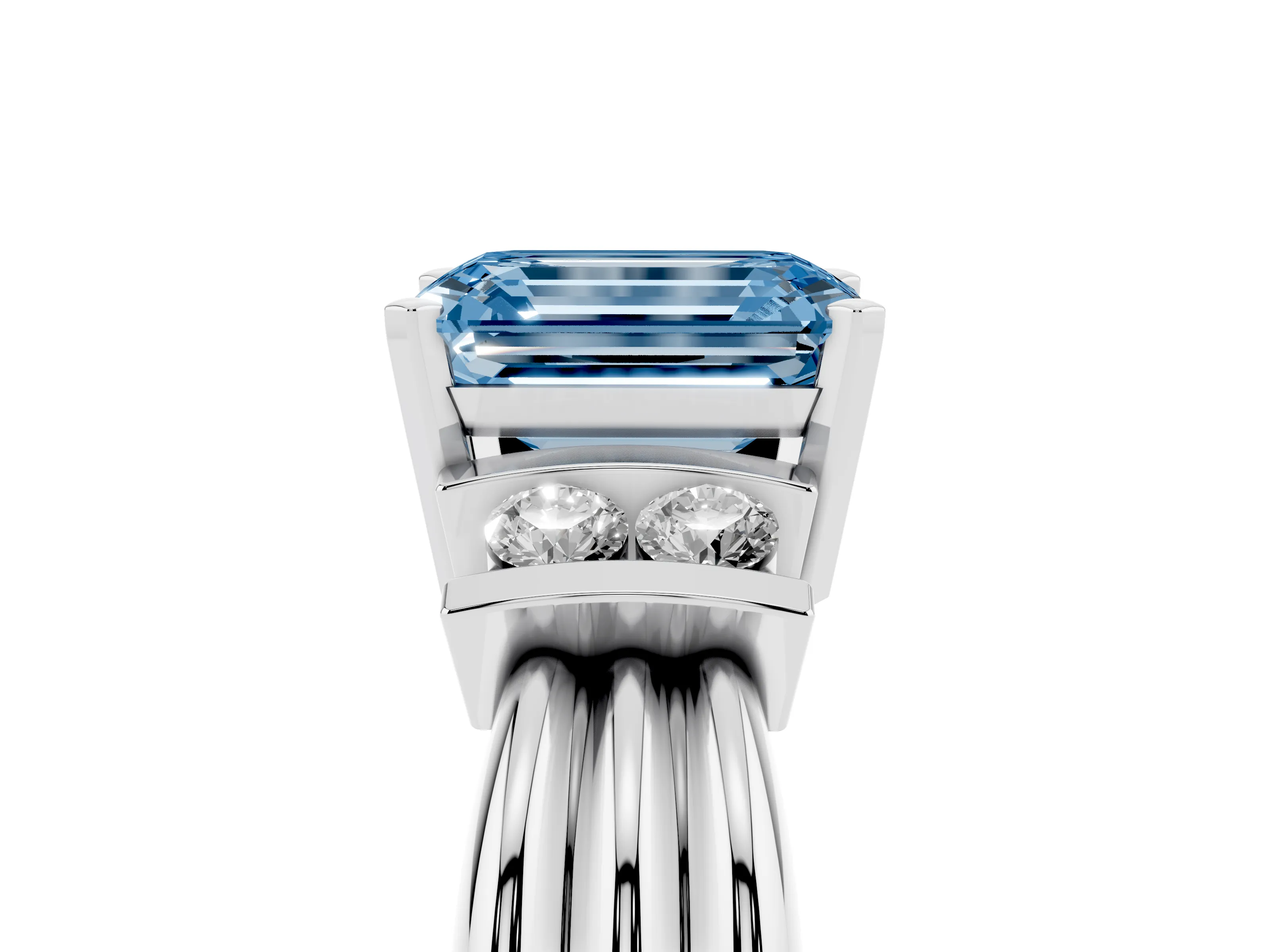 Fancy Blue Three-Stone Emerald Cut Diamond Channel Set Ring Set in Silver with Bar Prongs