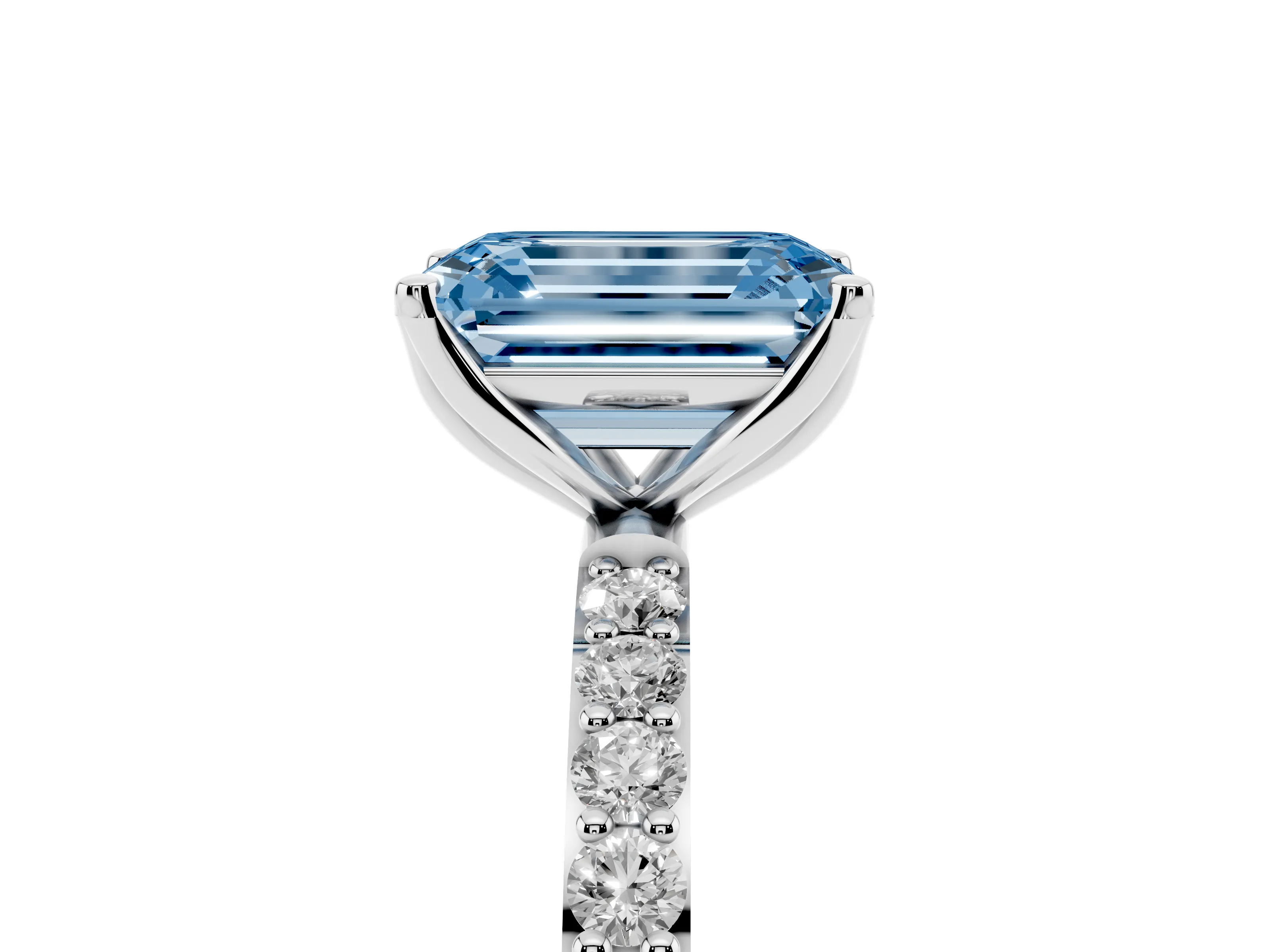 Fancy Blue Emerald Cut Diamond Solitaire Engagement Ring Set in White gold with Round Pavé Band and Prong Setting