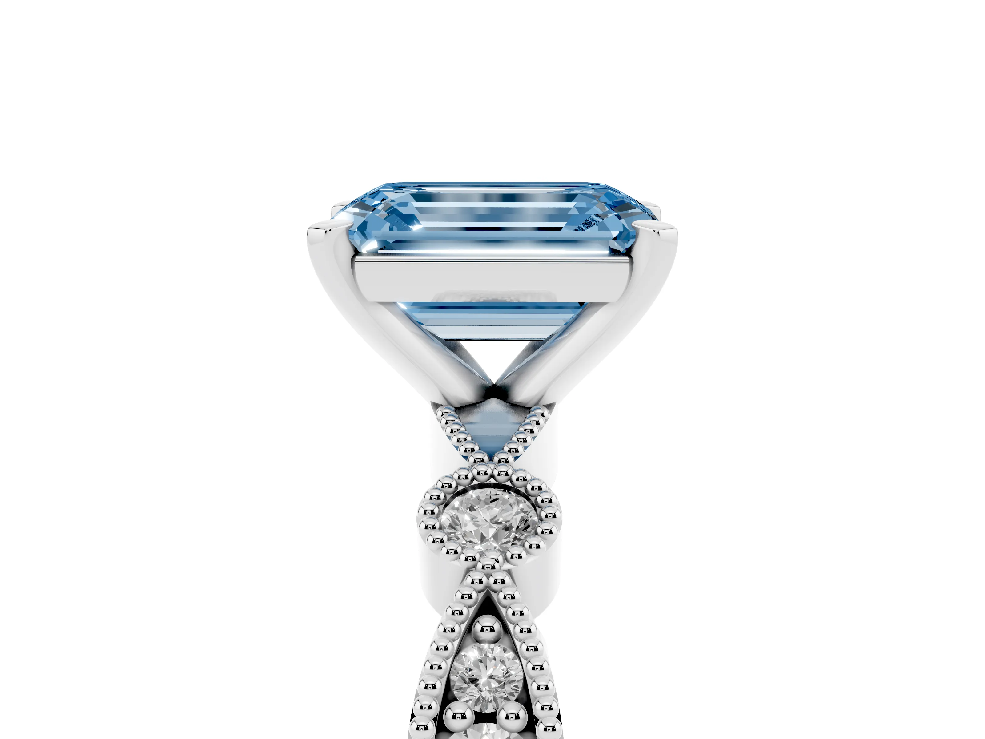 Fancy Blue Emerald Cut Diamond Solitaire Engagement Ring Set in White gold with Milgrain Bezel Accent Band