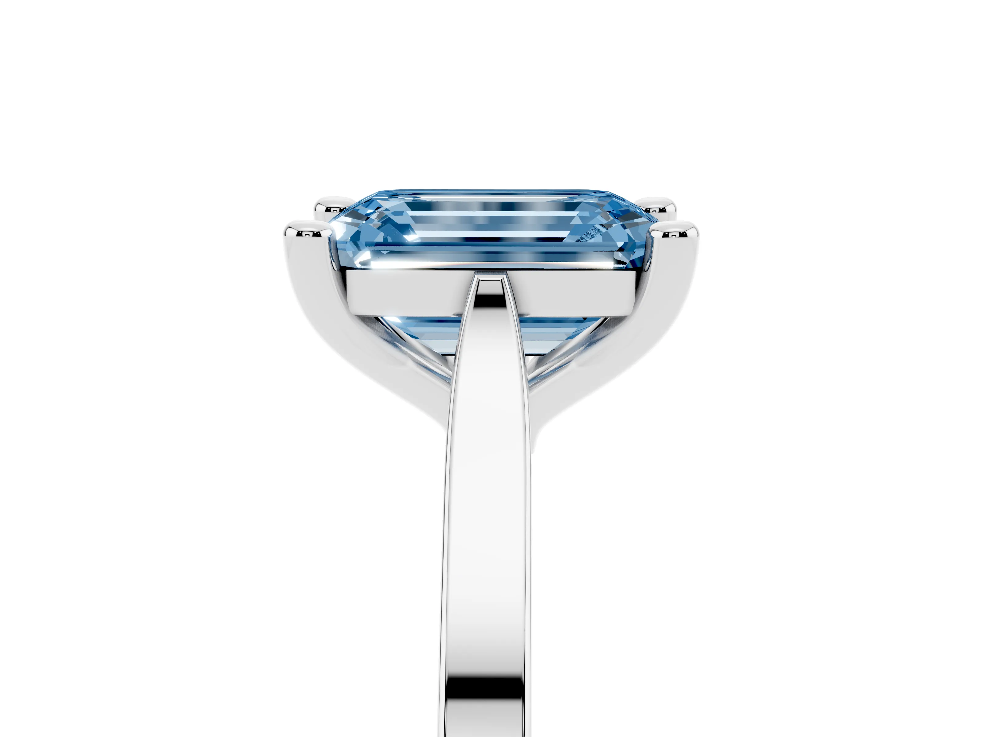 Fancy Blue Emerald Cut Diamond Solitaire Ring Set in White gold with Prong Setting and Tapered Band