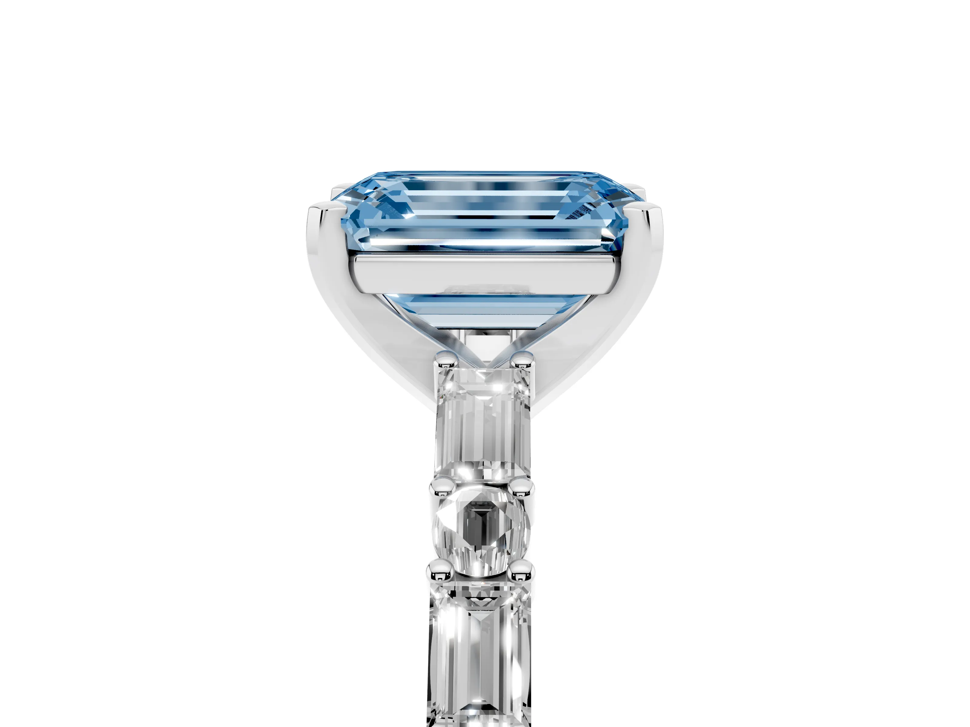 Fancy Blue Emerald Cut Diamond Solitaire Set in Silver with Side Baguettes and Channel Set Band