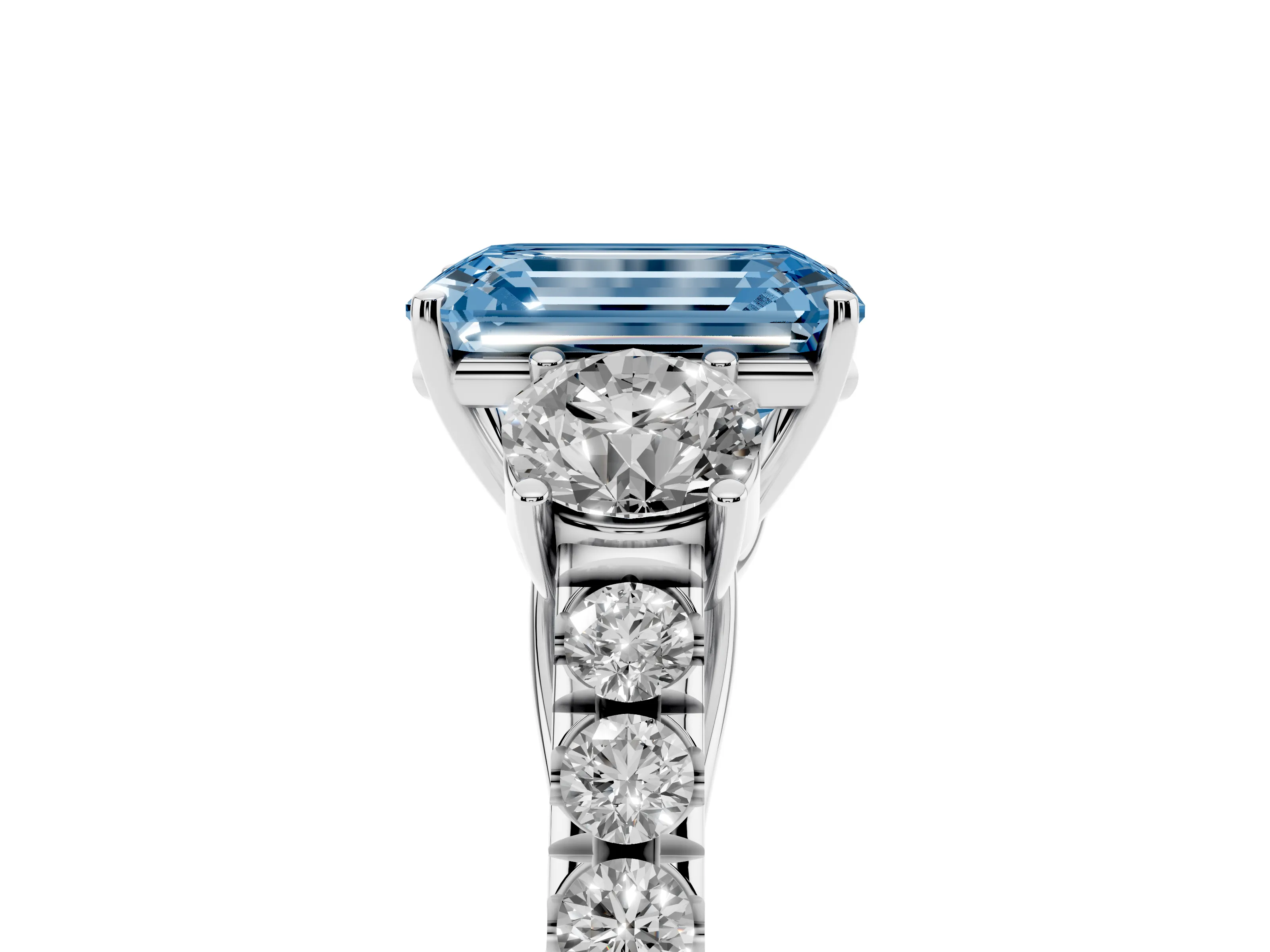 Fancy Blue Emerald Cut Diamond Three-Stone Ring Set in White gold with Round Side Stones and Delicate Pavé Band