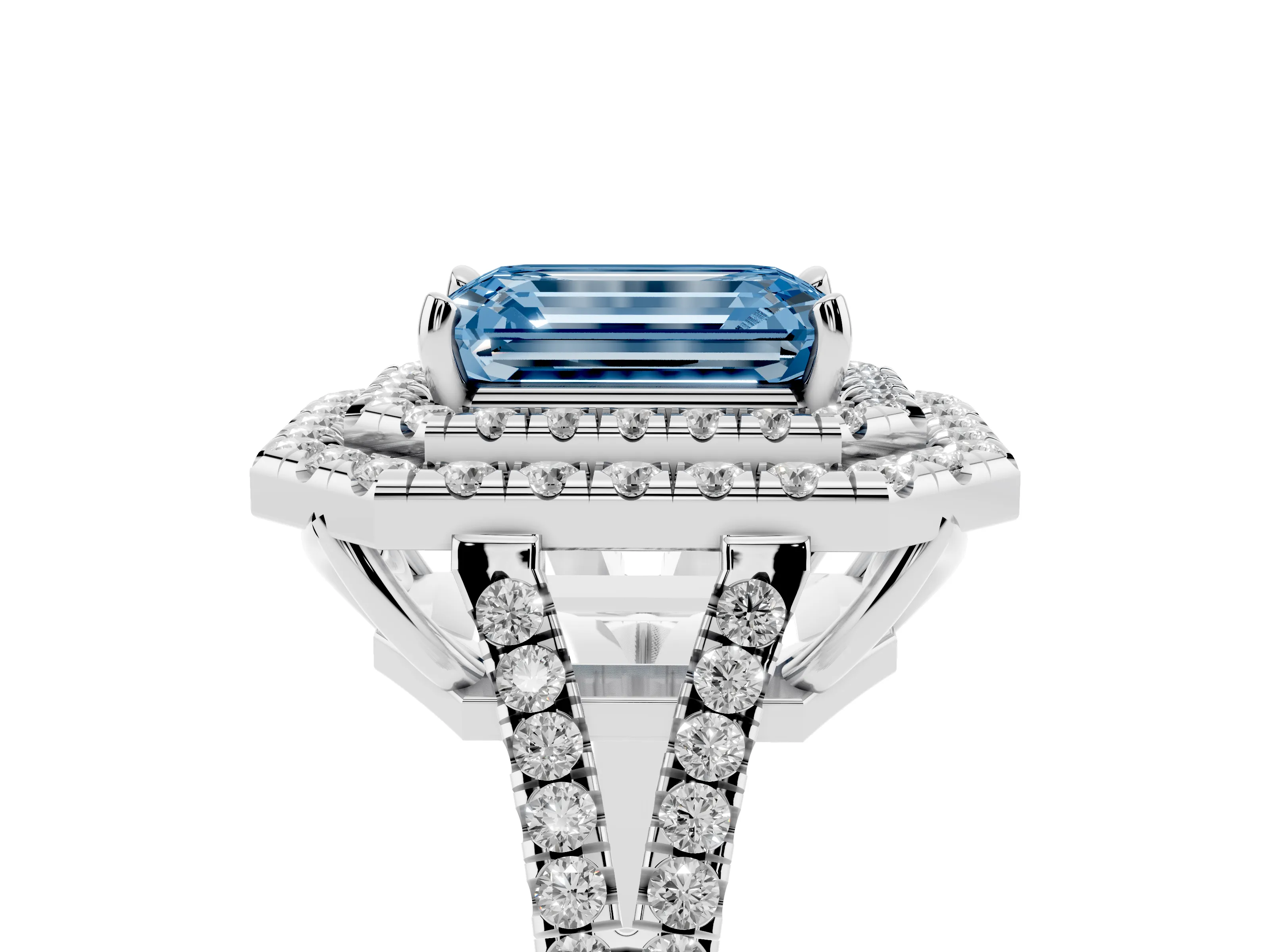 Fancy Blue Emerald Cut Diamond Double Halo Ring Set in White gold with Pavé Band