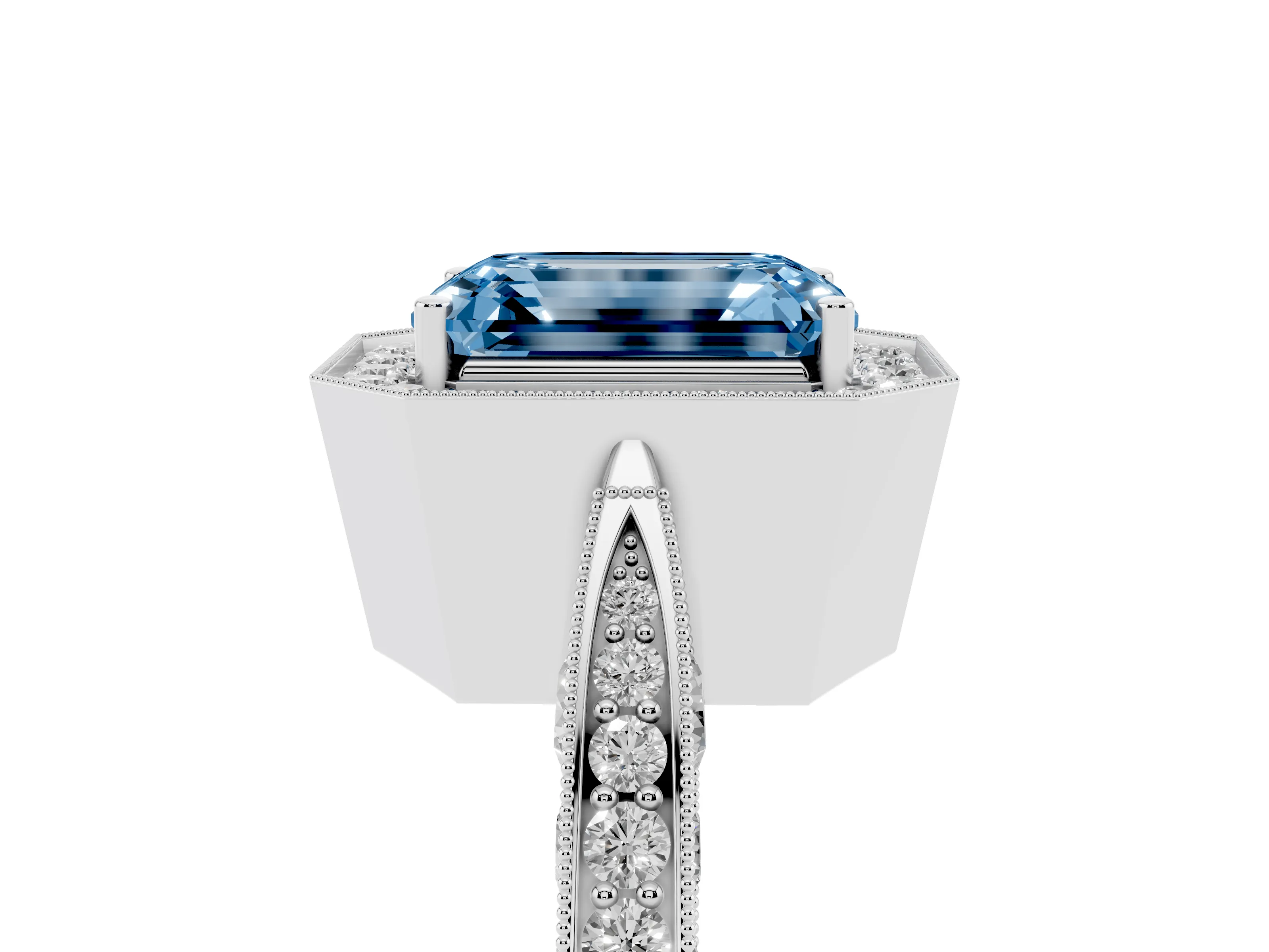 Fancy Blue Emerald Cut Diamond Halo Engagement Ring Set in Silver with Accent Split Shank Band