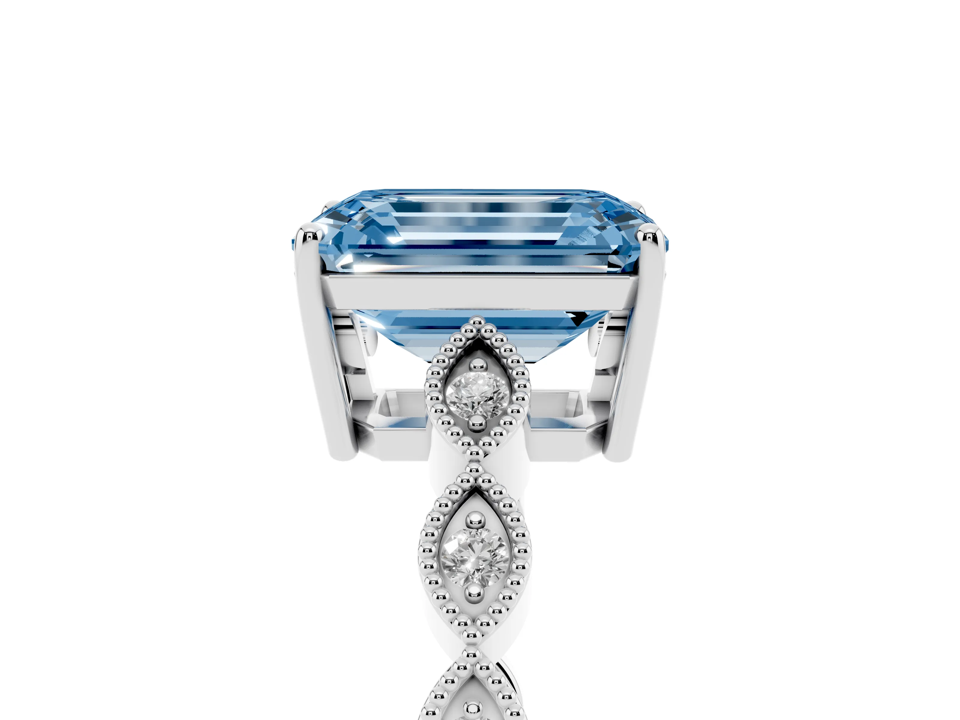 Fancy Blue Emerald Cut Diamond Solitaire Ring Set in White gold with Infinity Twist Pavé Band