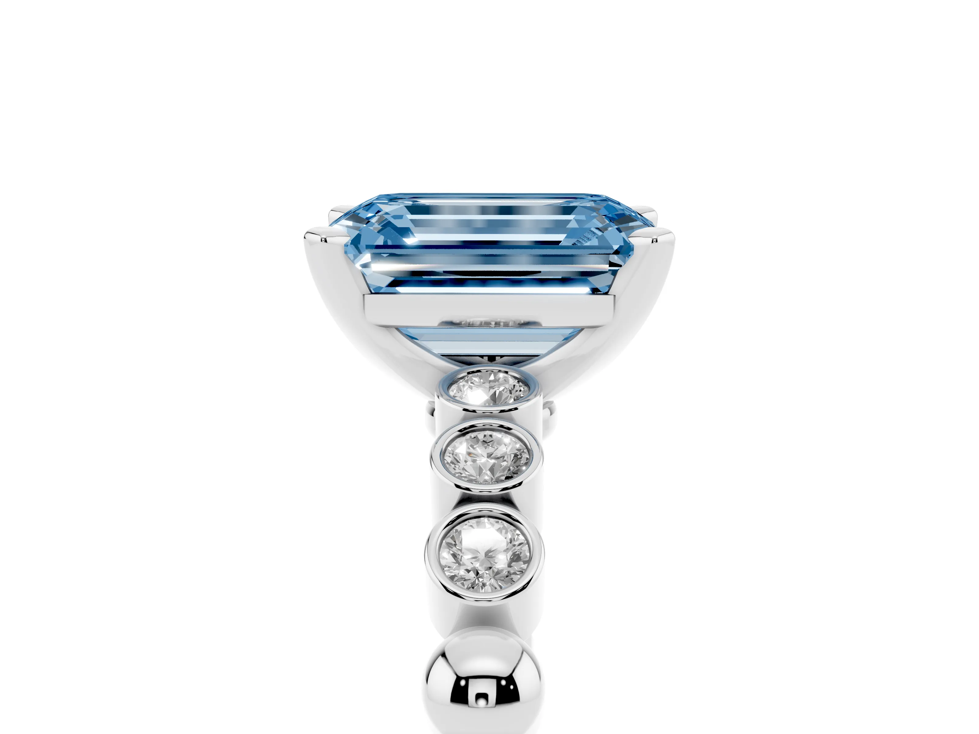 Fancy Blue Emerald Cut Diamond Solitaire Engagement Ring Set in White gold with Bezel Accents on Beaded Band