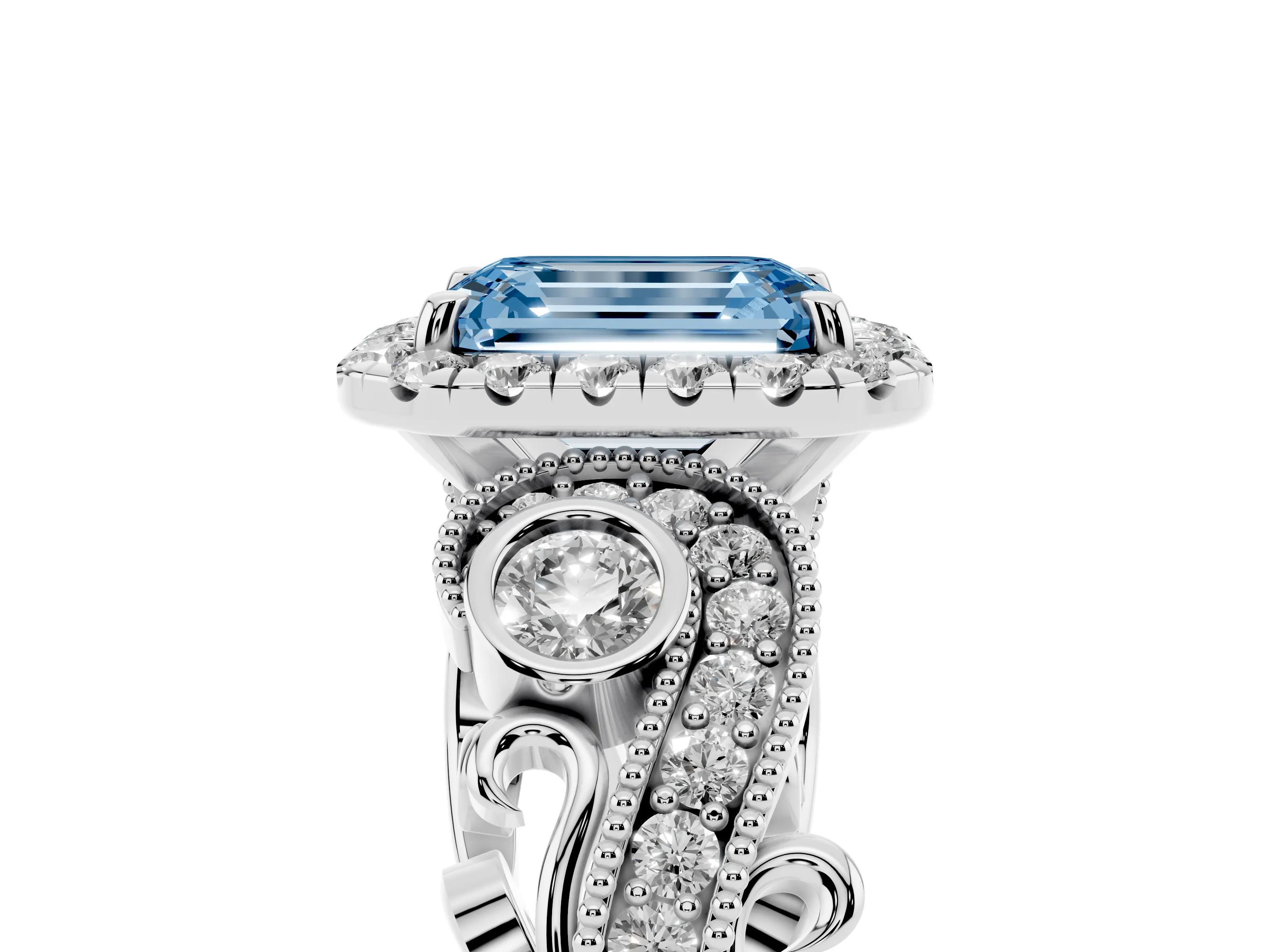 Fancy Blue Emerald Cut Diamond Halo Ring Set in Platinum with Milgrain Pavé Band and Prong Setting