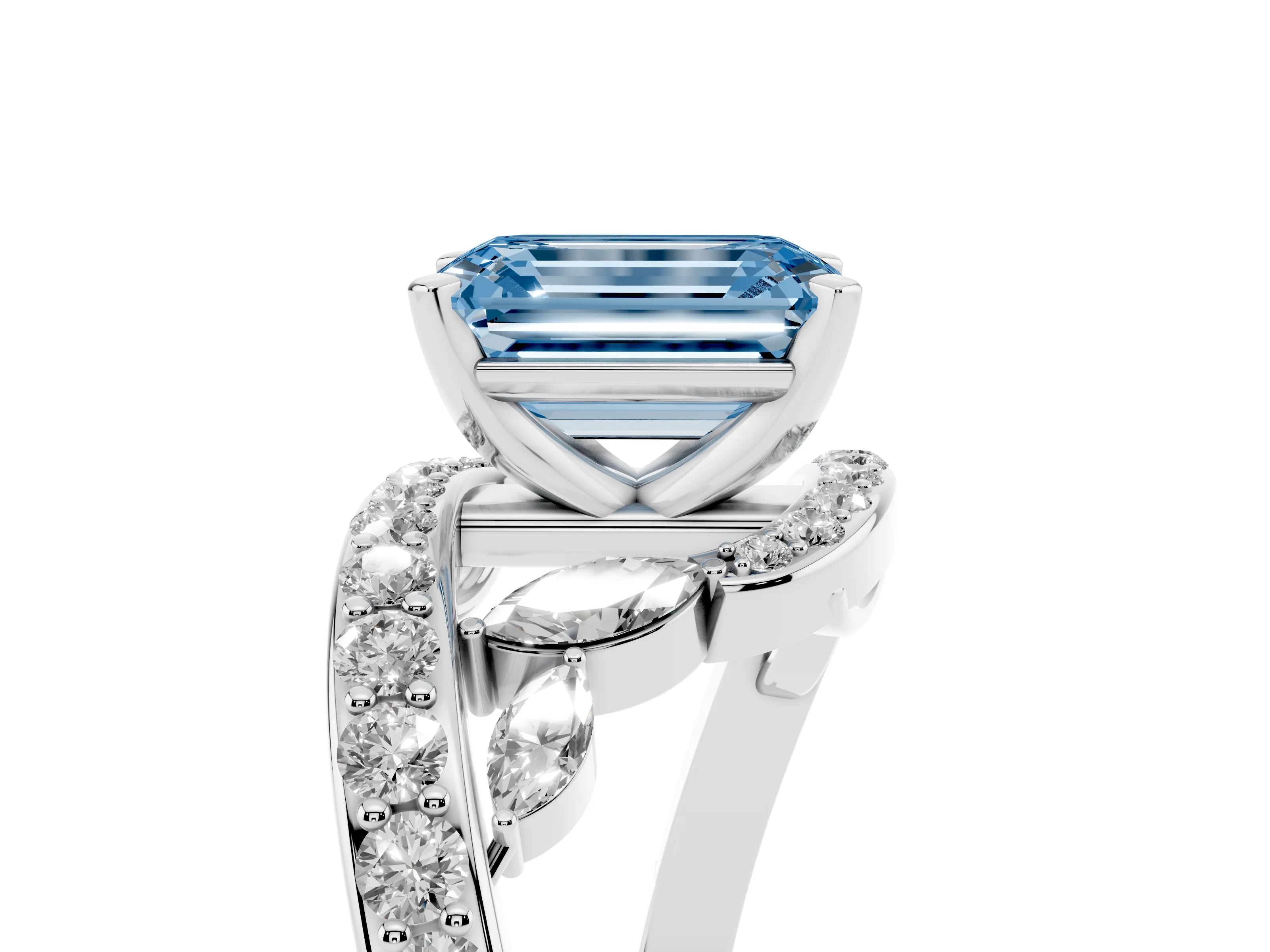 Fancy Blue Emerald Cut Diamond Solitaire Ring Set in Platinum with Pavé Twist Band and Secure Prong Setting