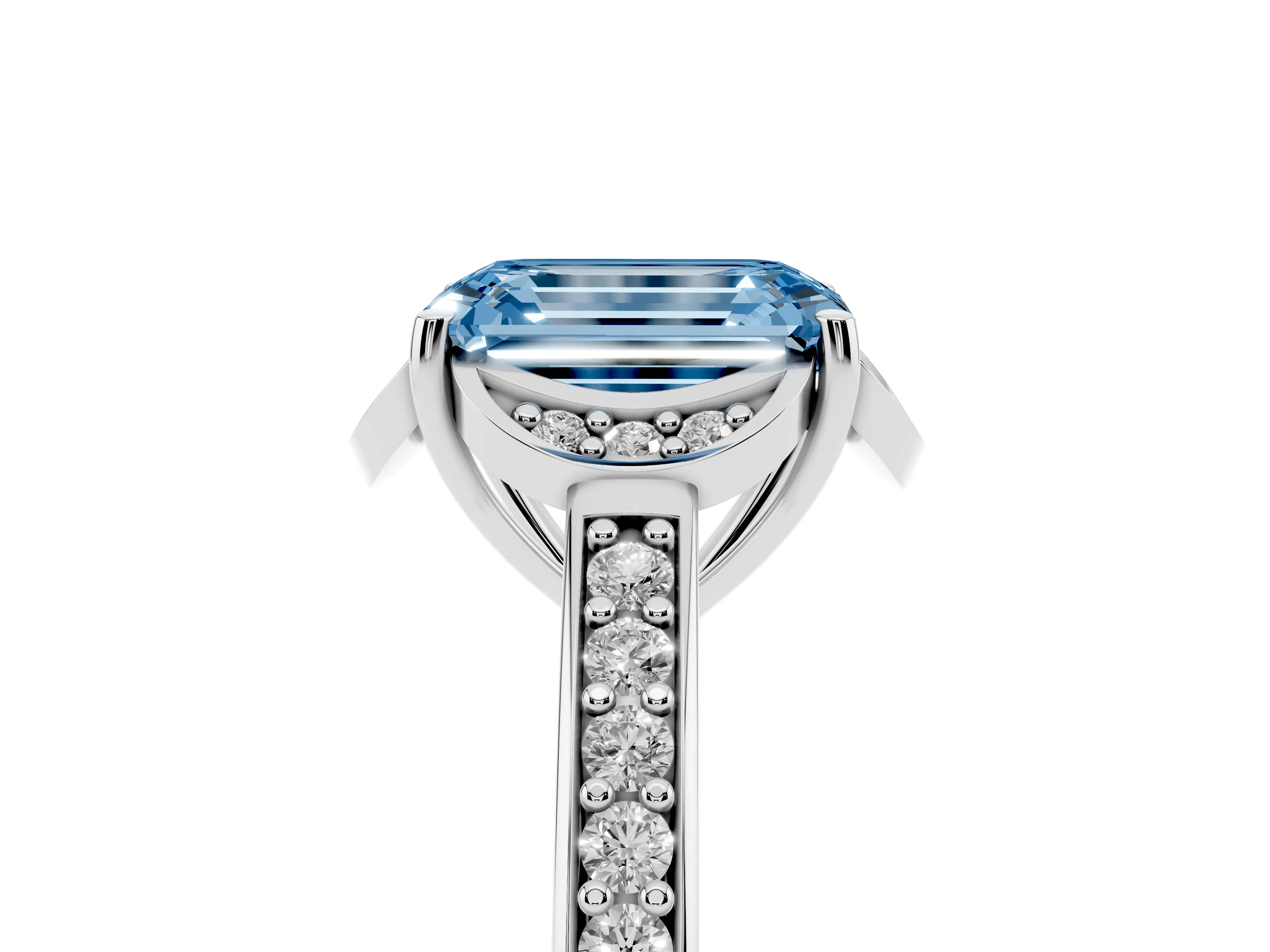 Fancy Blue Emerald Cut Diamond Halo Ring Set in Silver with Channel Set Band and Prong Setting
