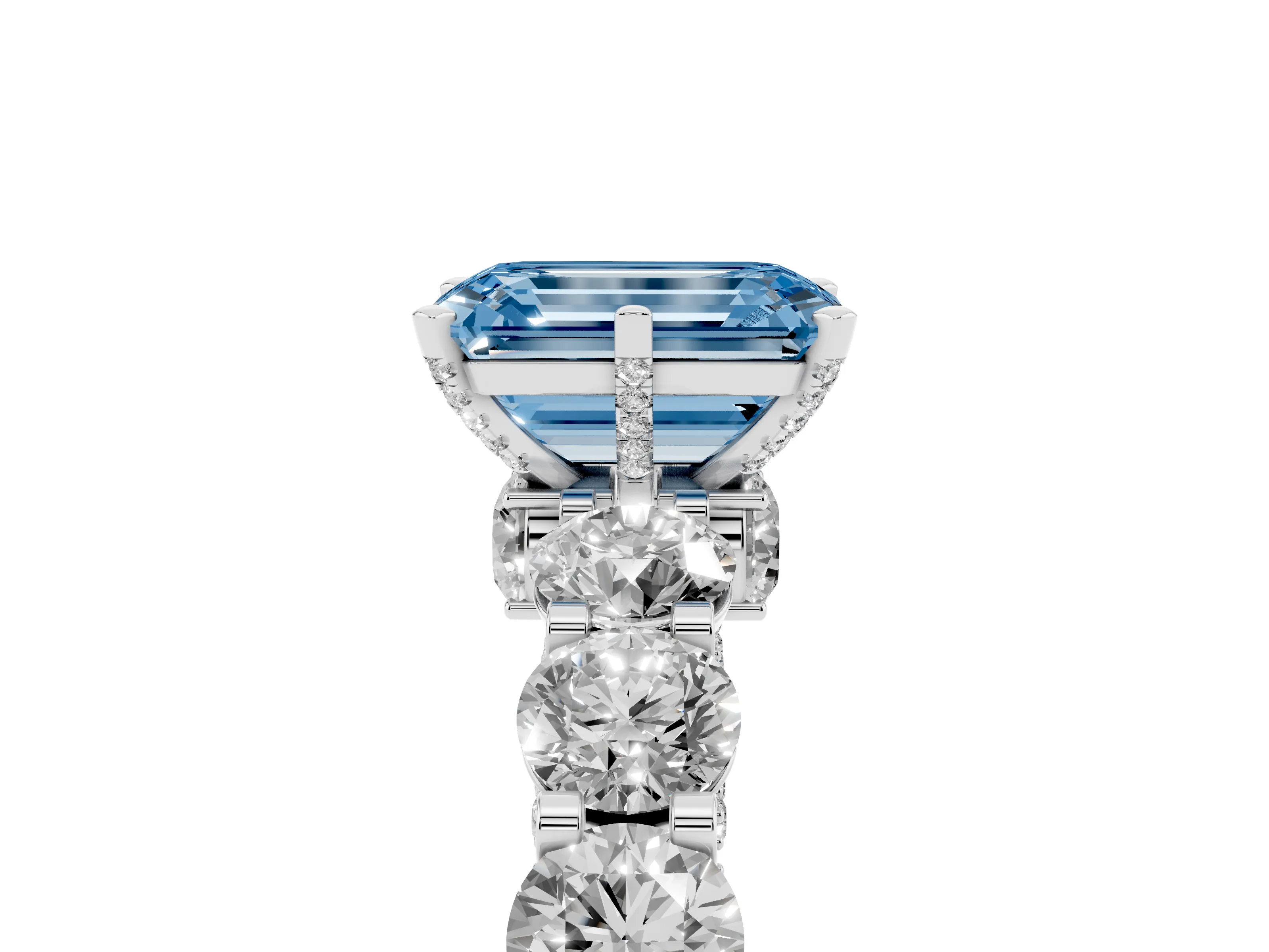 Fancy Blue Emerald Cut Diamond Side Stone Ring Set in White gold with Alternating Round and Oval Side Stones