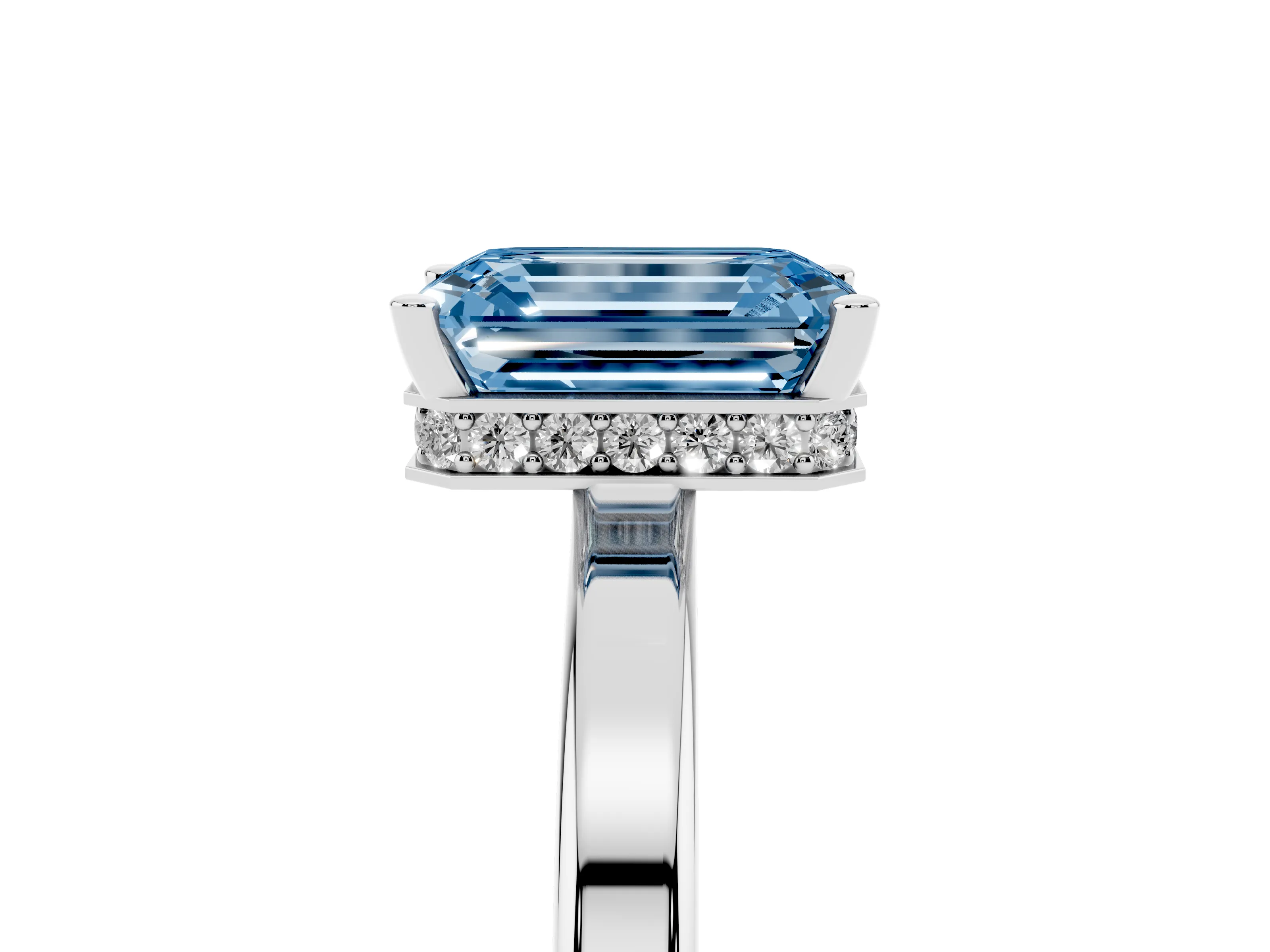 Fancy Blue Emerald Cut Diamond Solitaire Engagement Ring Set in Platinum with Prong Setting on a Plain Band
