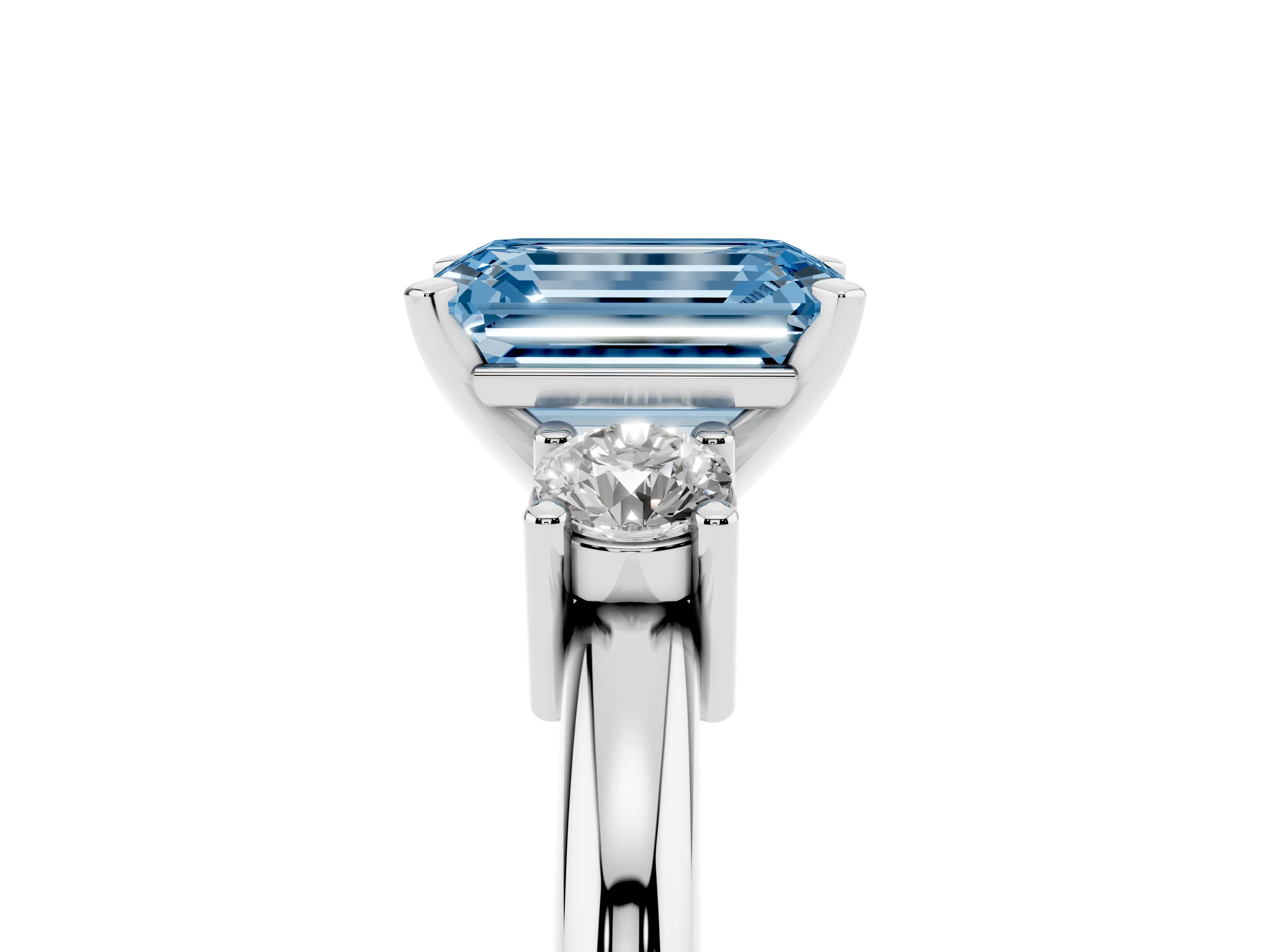 Fancy Blue Three-Stone Emerald Cut Diamond Ring Set in Platinum with Prong Setting and Plain Band