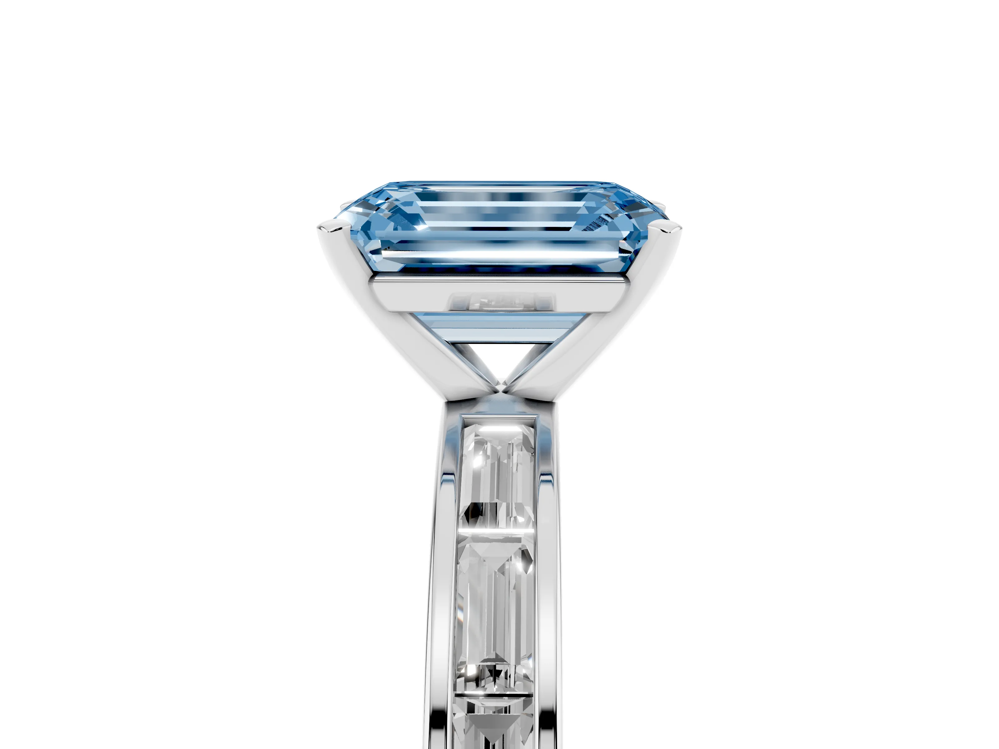 Fancy Blue Emerald Cut Diamond Solitaire Ring Set in White gold with Channel-Set Baguette Band and Prong Setting