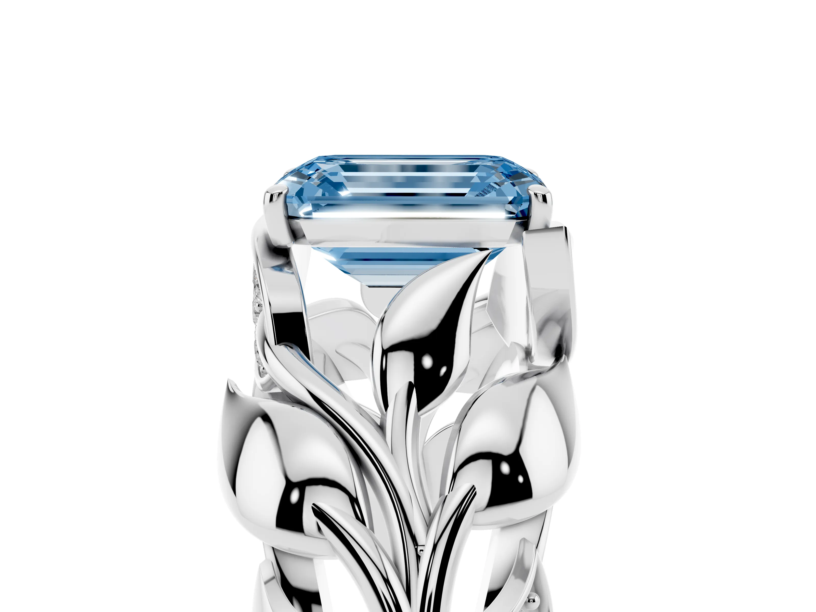 Fancy Blue Emerald Cut Diamond Leaf-Inspired Engagement Ring Set in Silver with Round Accents