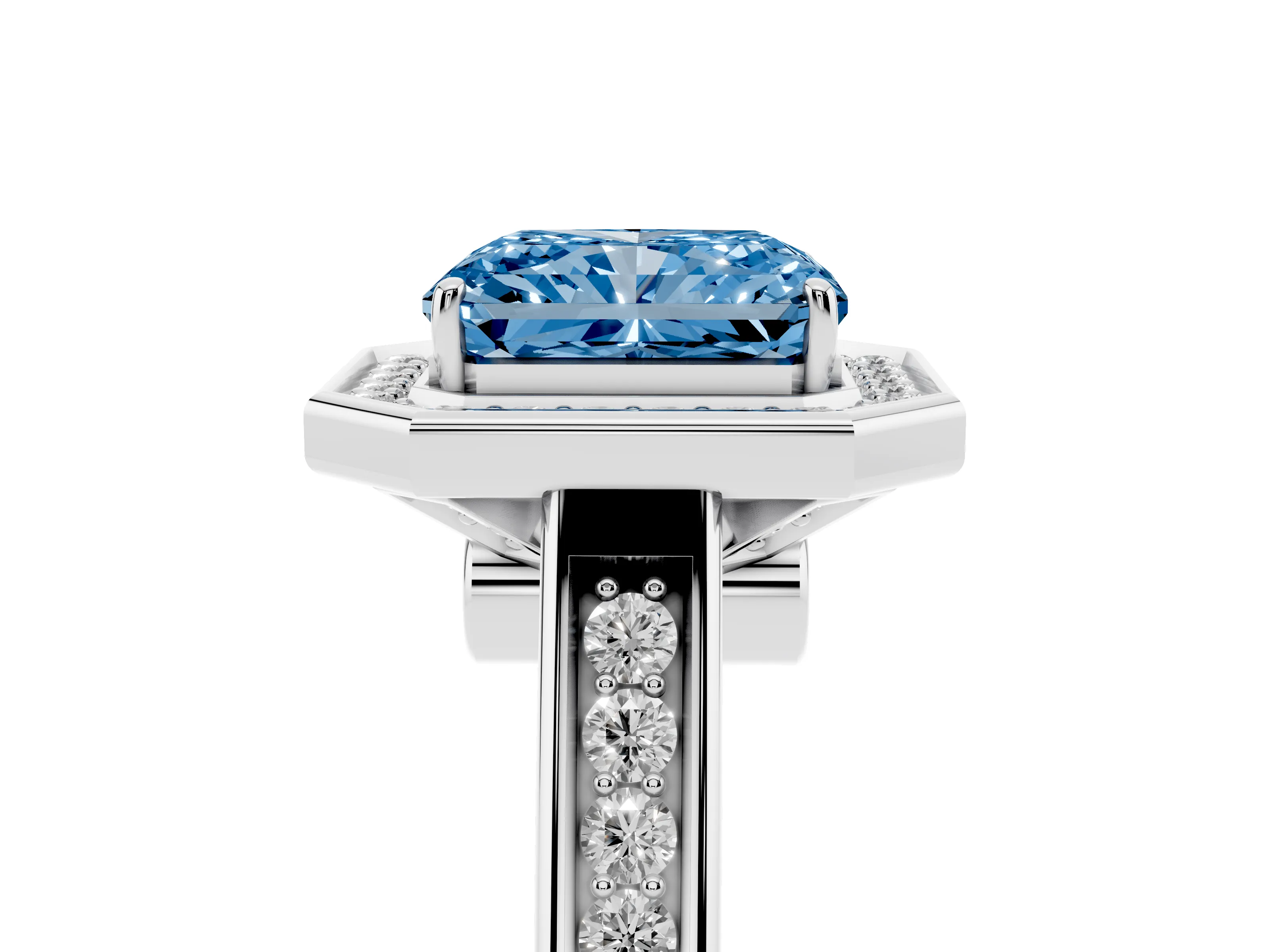Fancy Blue Emerald Cut Diamond Halo Solitaire Ring Set in White gold with Pavé Band and Bezel Setting