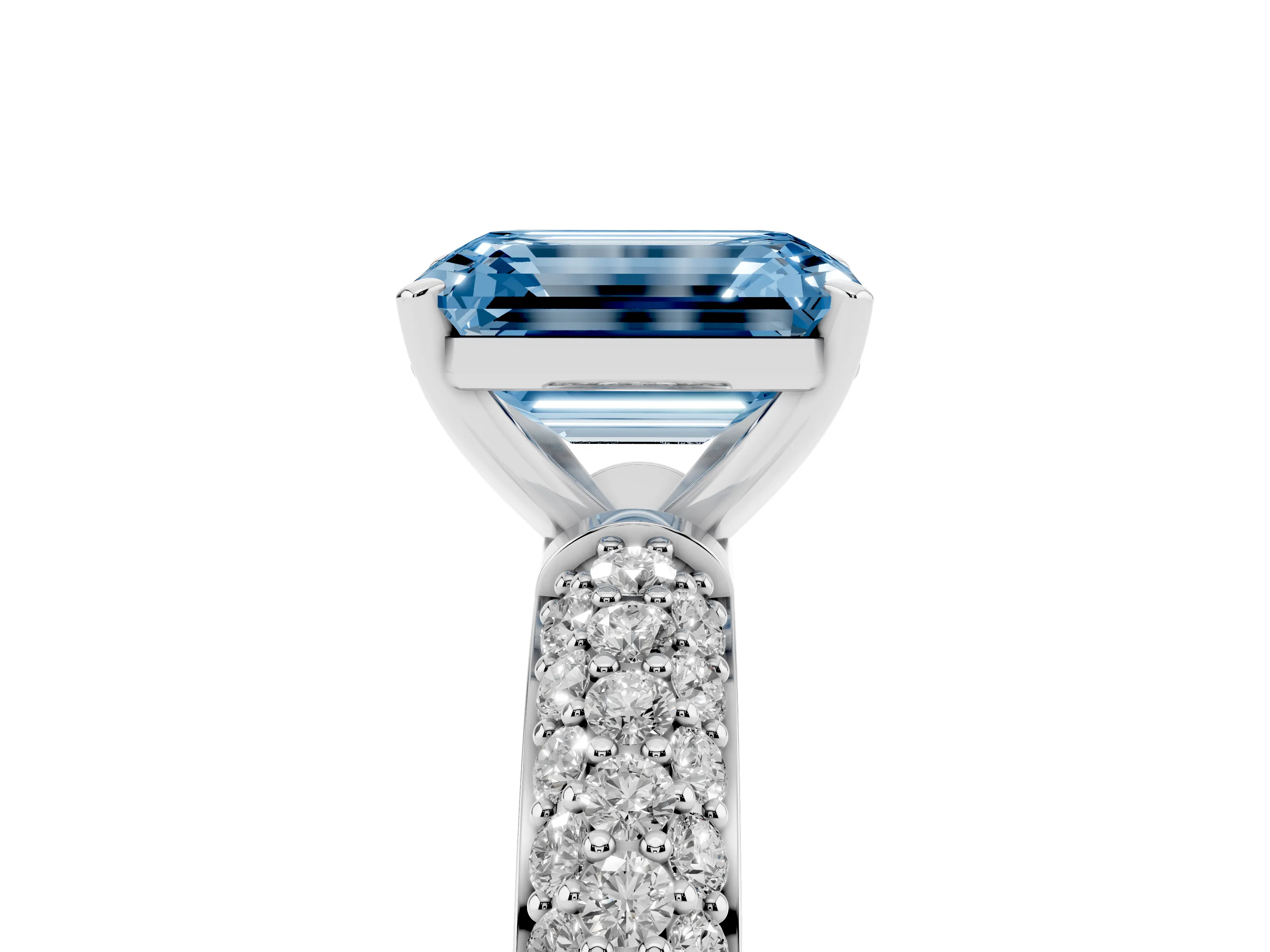 Fancy Blue Emerald Cut Diamond Solitaire Ring Set in Silver with Prong Setting and Pavé-Set Band