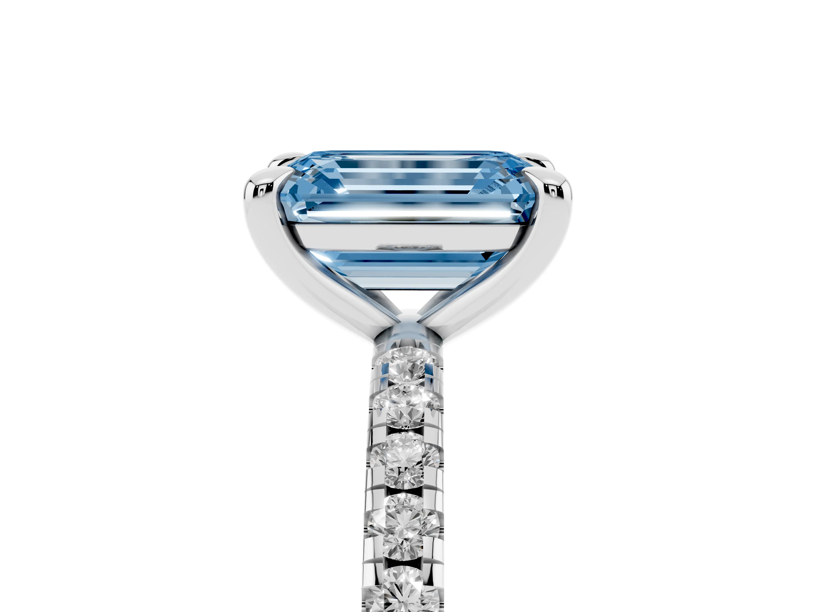 Fancy Blue Emerald Cut Diamond Brilliant Solitaire Ring Set in White gold with Pavé Band and Prong Setting