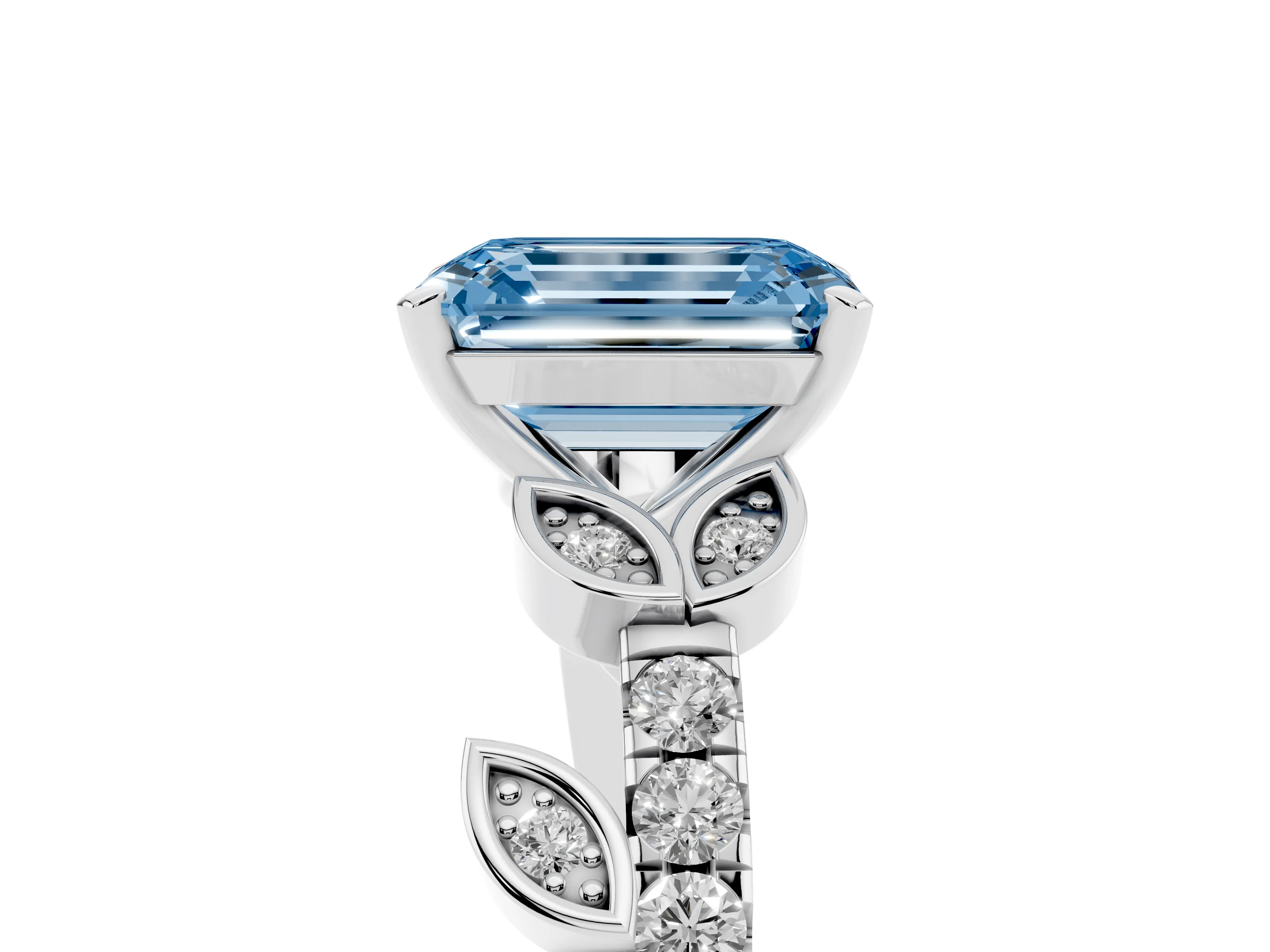 Fancy Blue Emerald Cut Diamond Solitaire Leaf-Inspired Ring Set in Silver with Pavé Band and Prong Setting